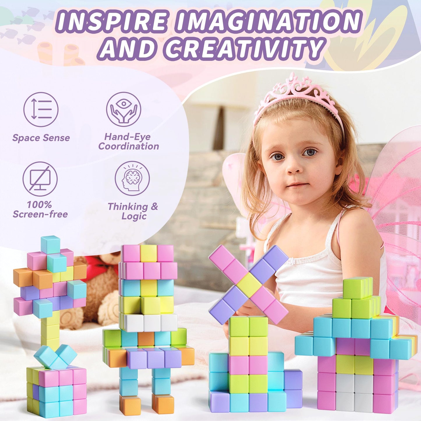 TikTiles 65-Piece Magnetic Blocks with Eyes – STEM Building Toy for Kids 3-8 (Macaron Colors)