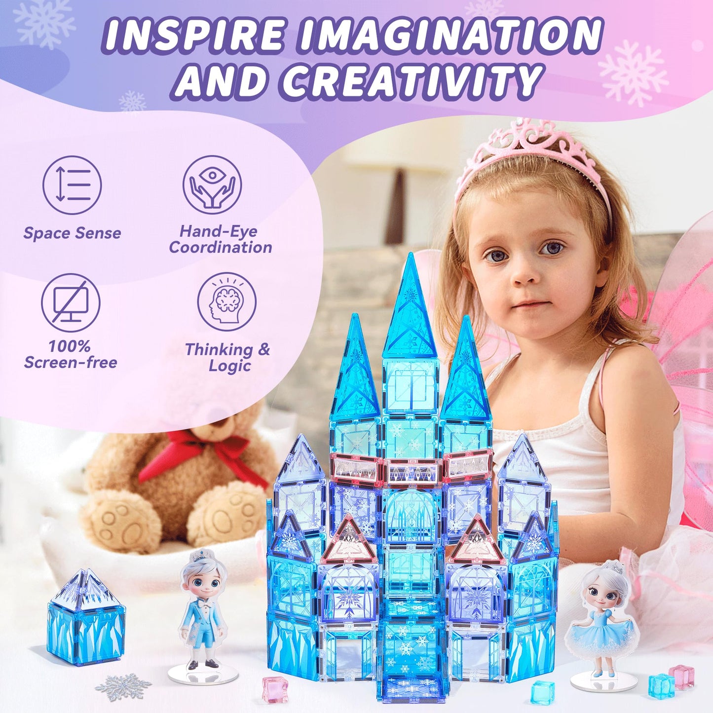 TikTiles Magnetic Tiles Building Toys – Snow Princess Castle Set with 101 Pieces for Kids 3-8 | STEM & Sensory Magnet Toys