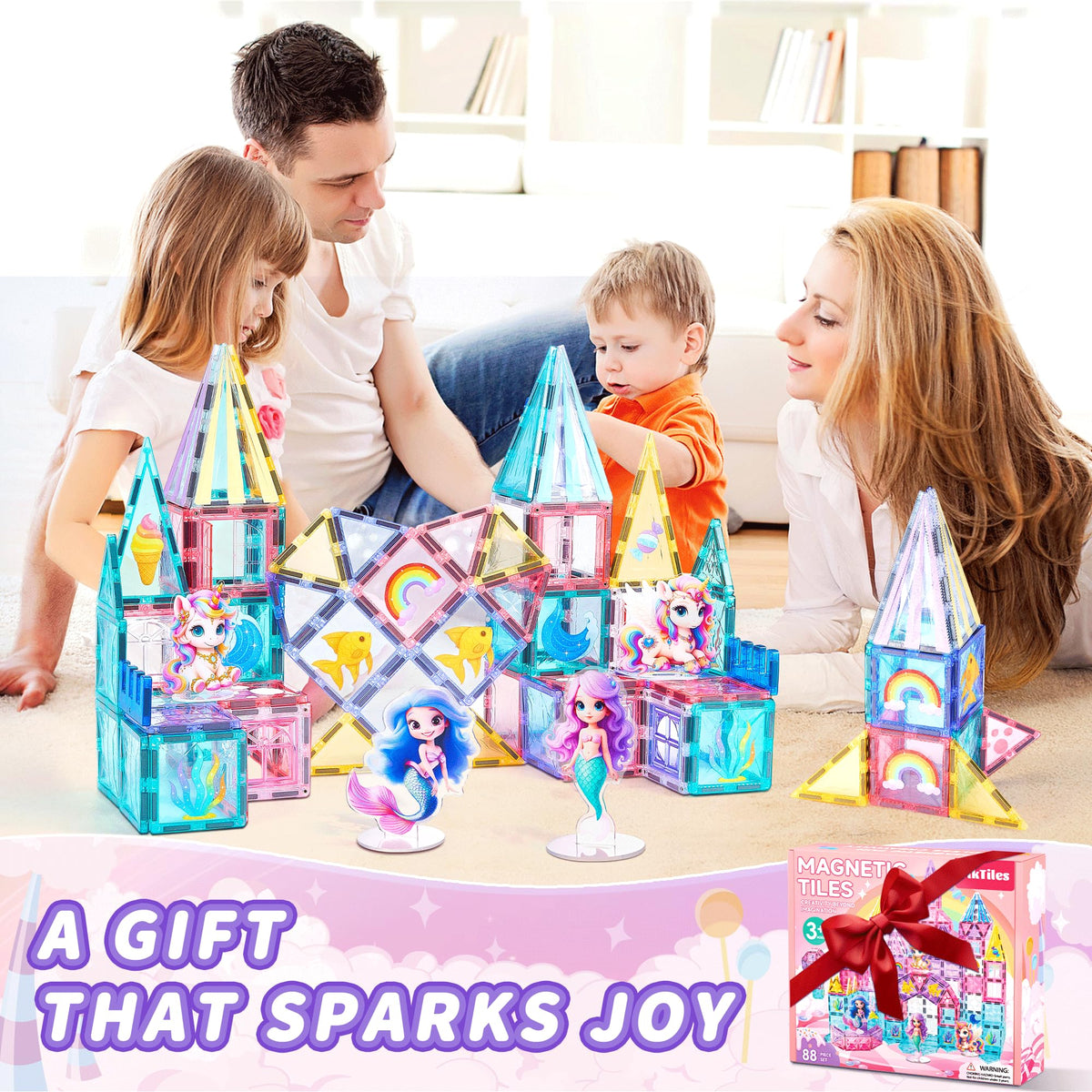 TikTiles Unicorn Magnetic Tiles Set — 88 Pieces with 4 Dolls (Ages 3-8)