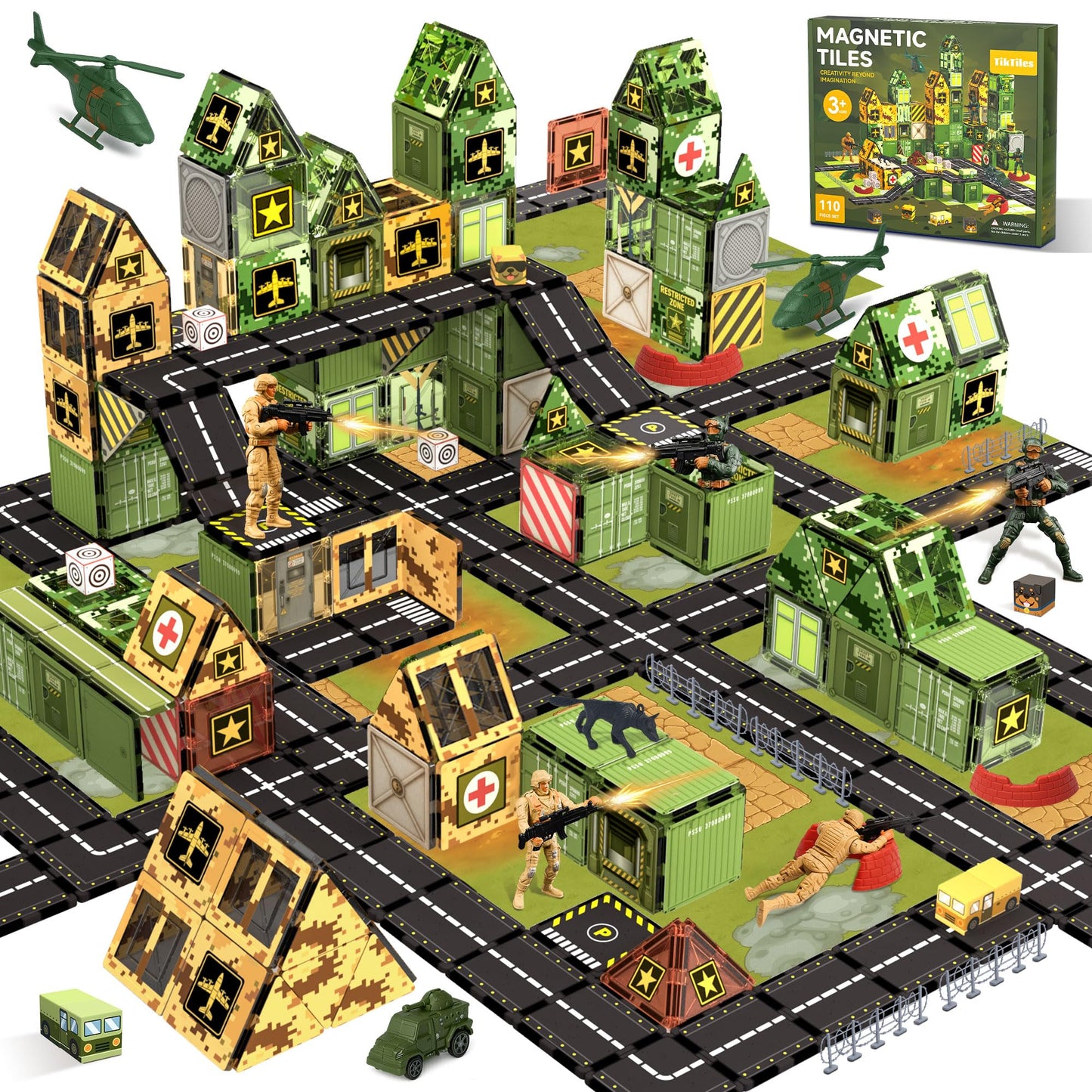 TikTiles Magnetic Tiles Road Building Set – Military STEM Toys for Kids 3-8