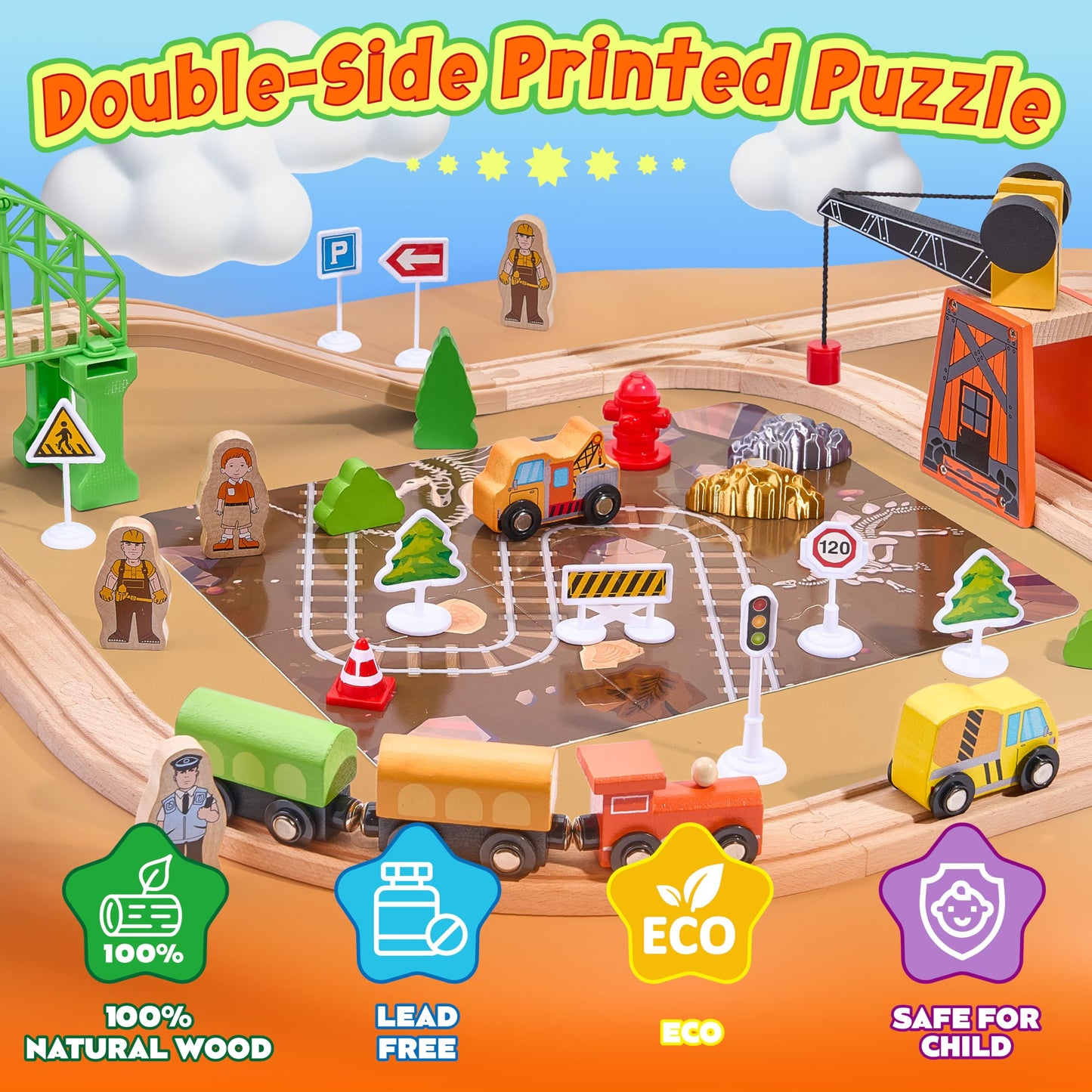 TikTiles Wooden Train Set 102-Piece – Double-Sided Tracks & Magnetic Crane