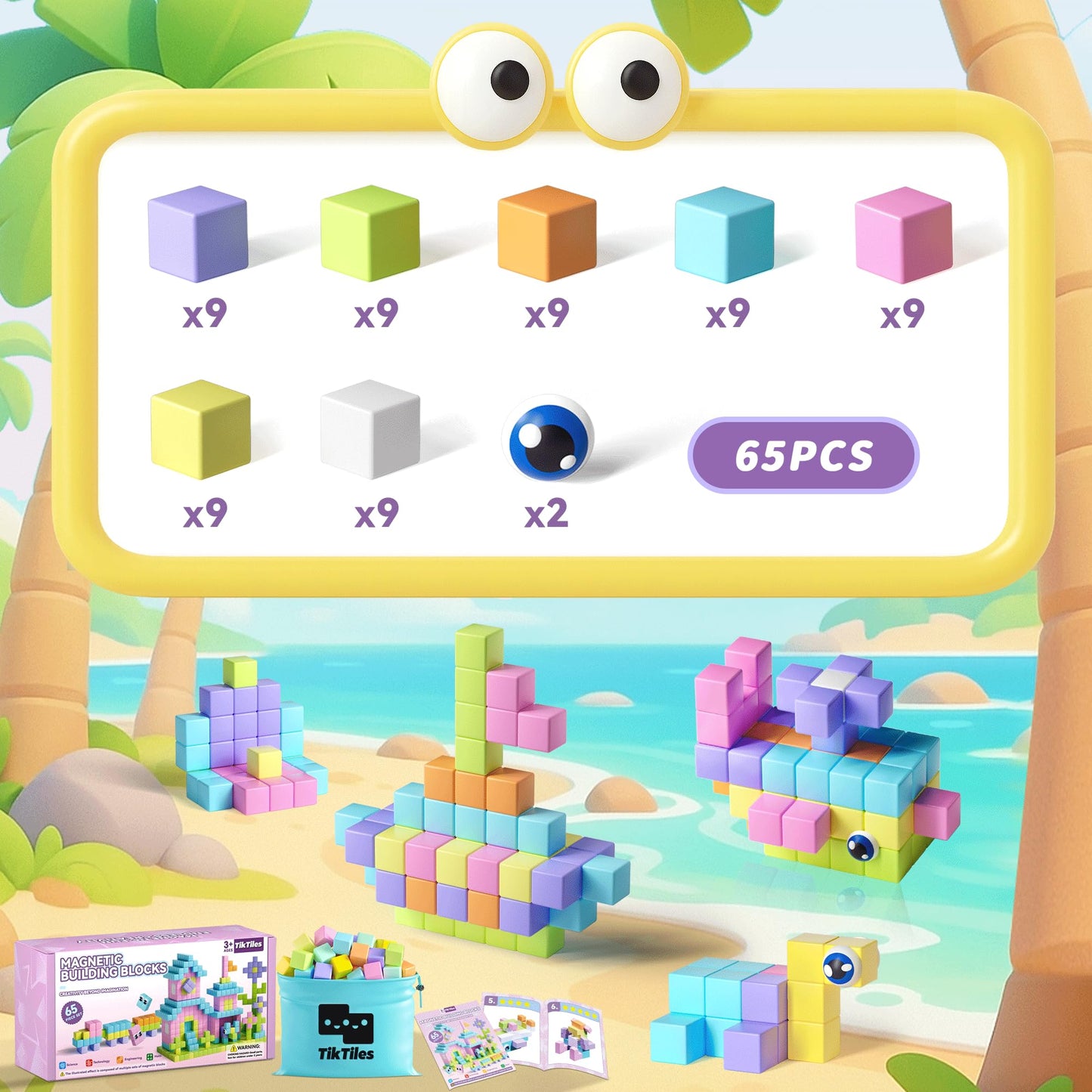 TikTiles 65-Piece Magnetic Blocks with Eyes – STEM Building Toy for Kids 3-8 (Macaron Colors)