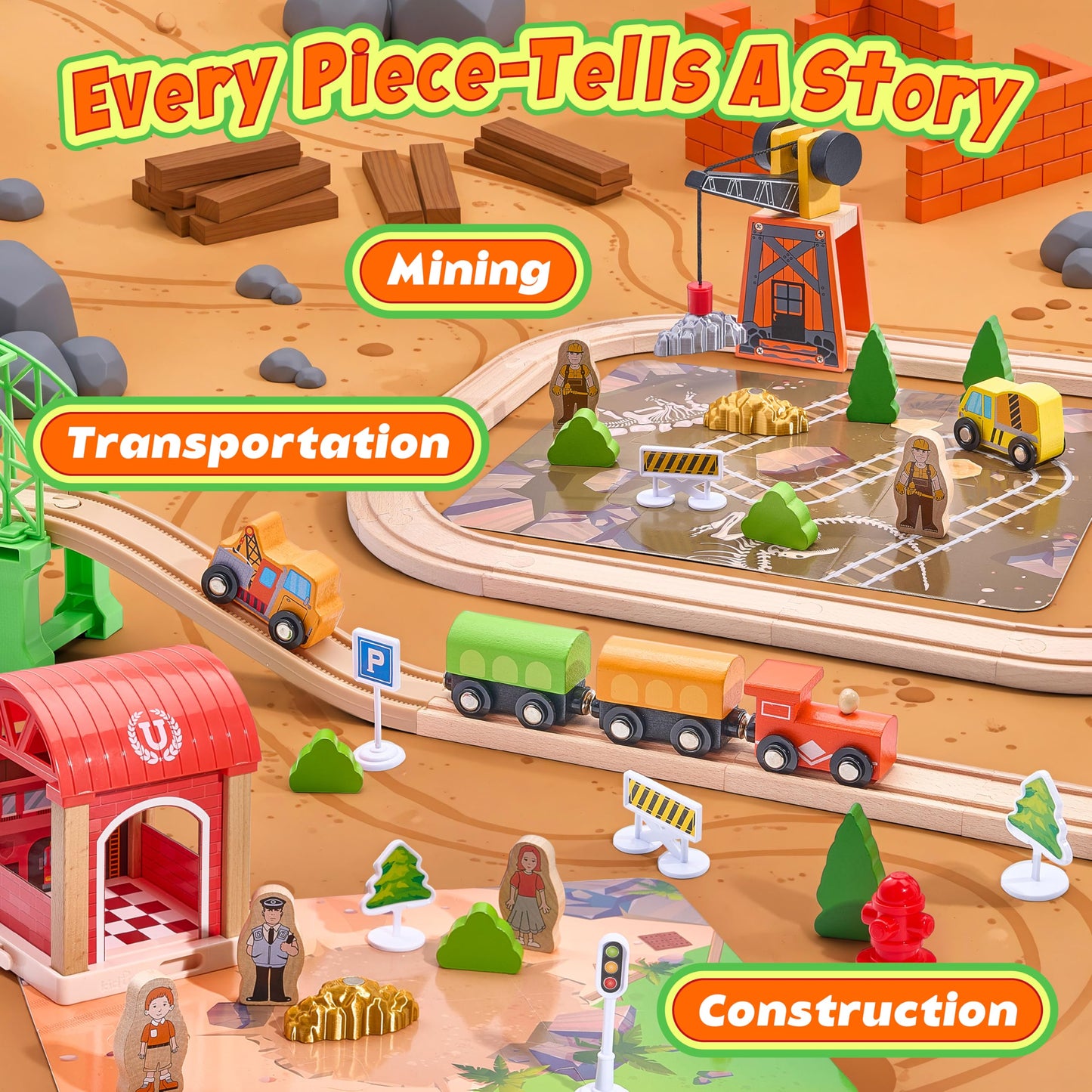 TikTiles Wooden Train Set 102-Piece – Double-Sided Tracks & Magnetic Crane