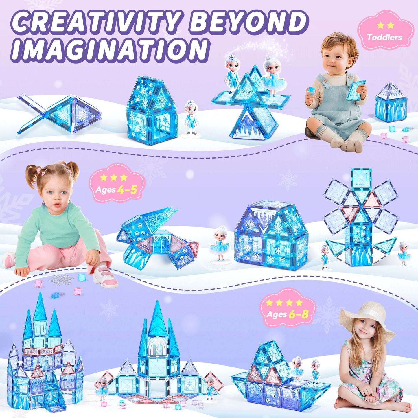 TikTiles Magnetic Tiles Building Toys – Snow Princess Castle Set with 101 Pieces for Kids 3-8 | STEM & Sensory Magnet Toys