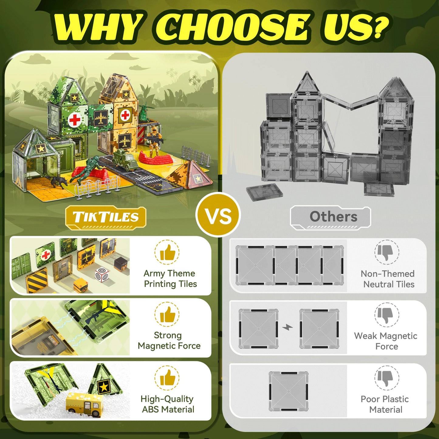 TikTiles Magnetic Tiles Road Building Set – Military STEM Toys for Kids 3-8