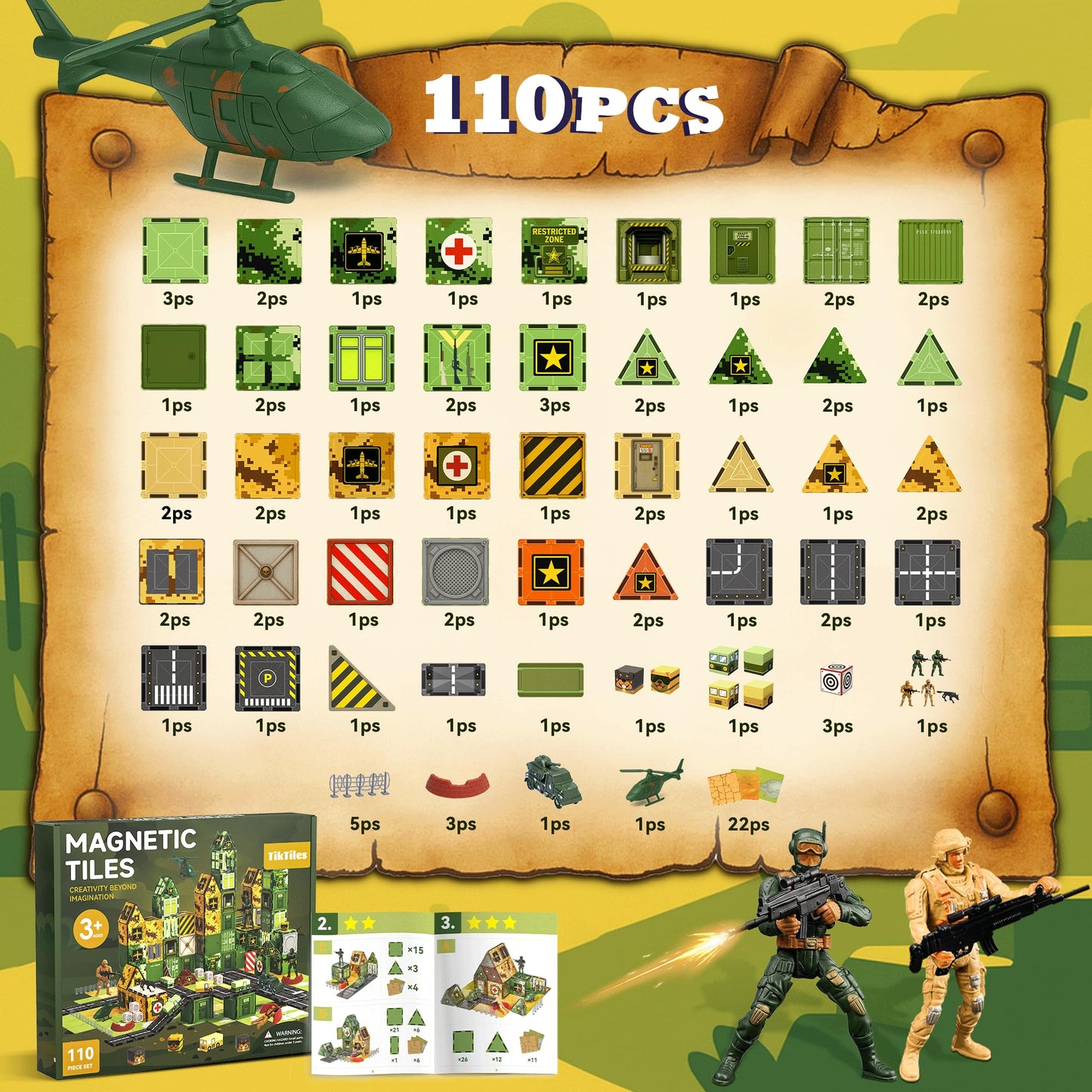 TikTiles Magnetic Tiles Road Building Set – Military STEM Toys for Kids 3-8