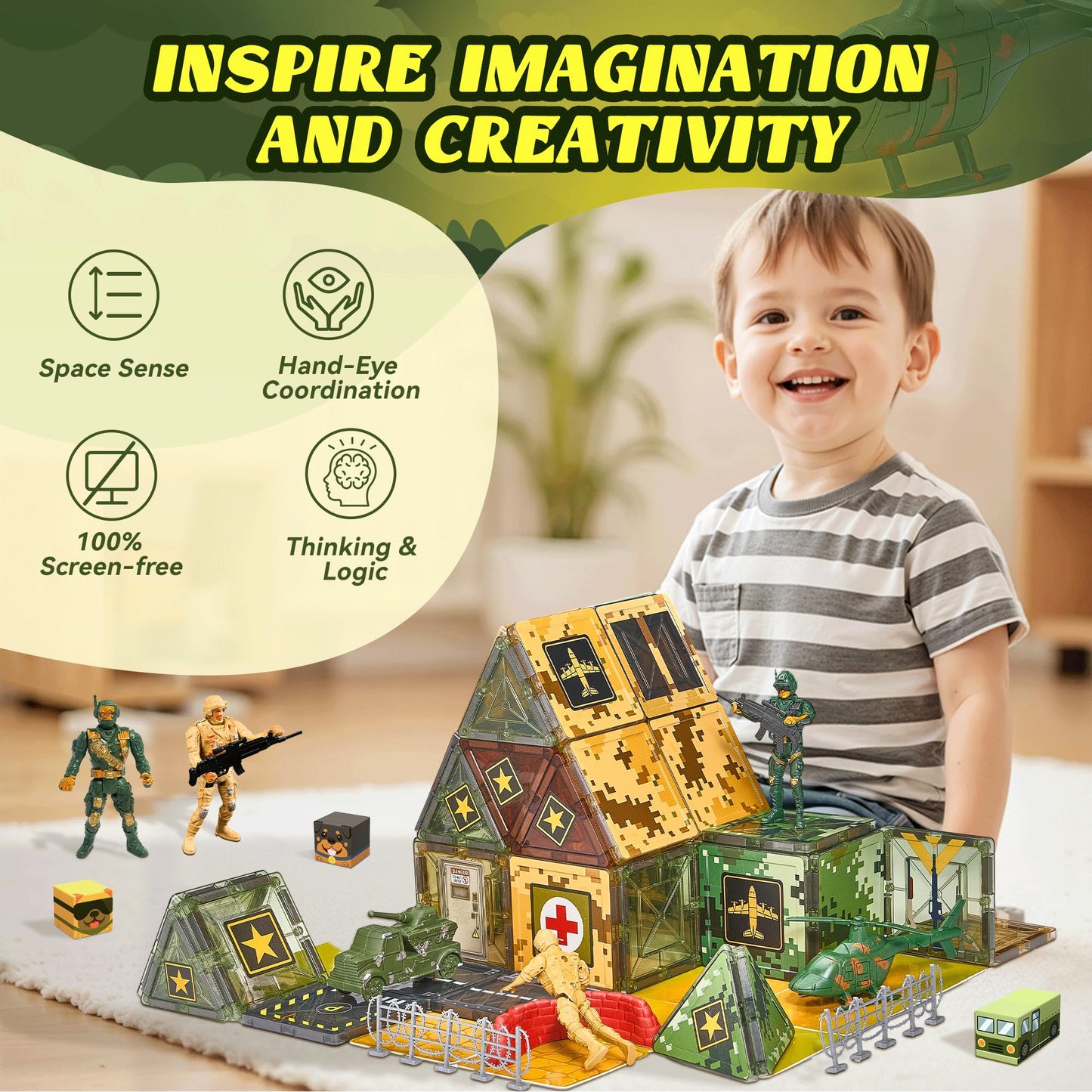 TikTiles Magnetic Tiles Road Building Set – Military STEM Toys for Kids 3-8