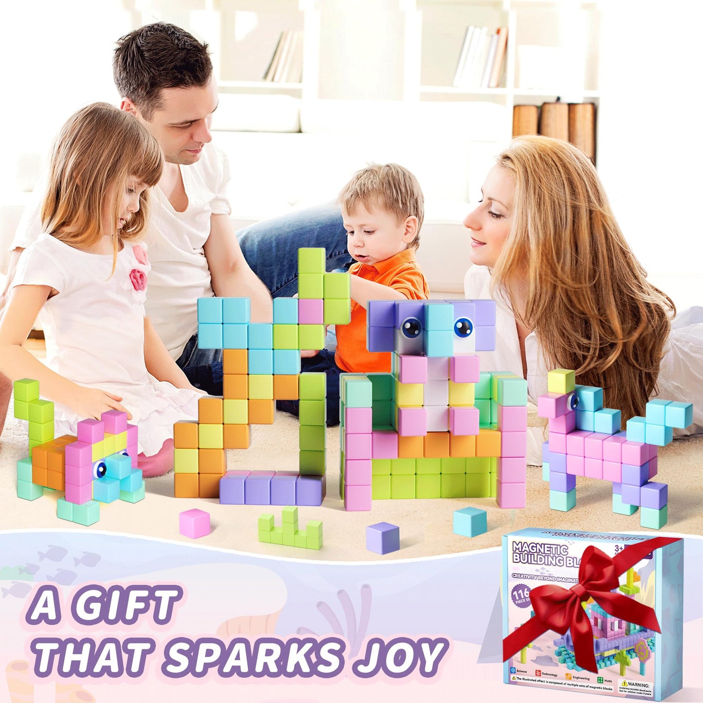 TikTiles 116PCS Magnetic Blocks with Eyes – STEM Building Toy for Kids 3-8 (Macaron Color)