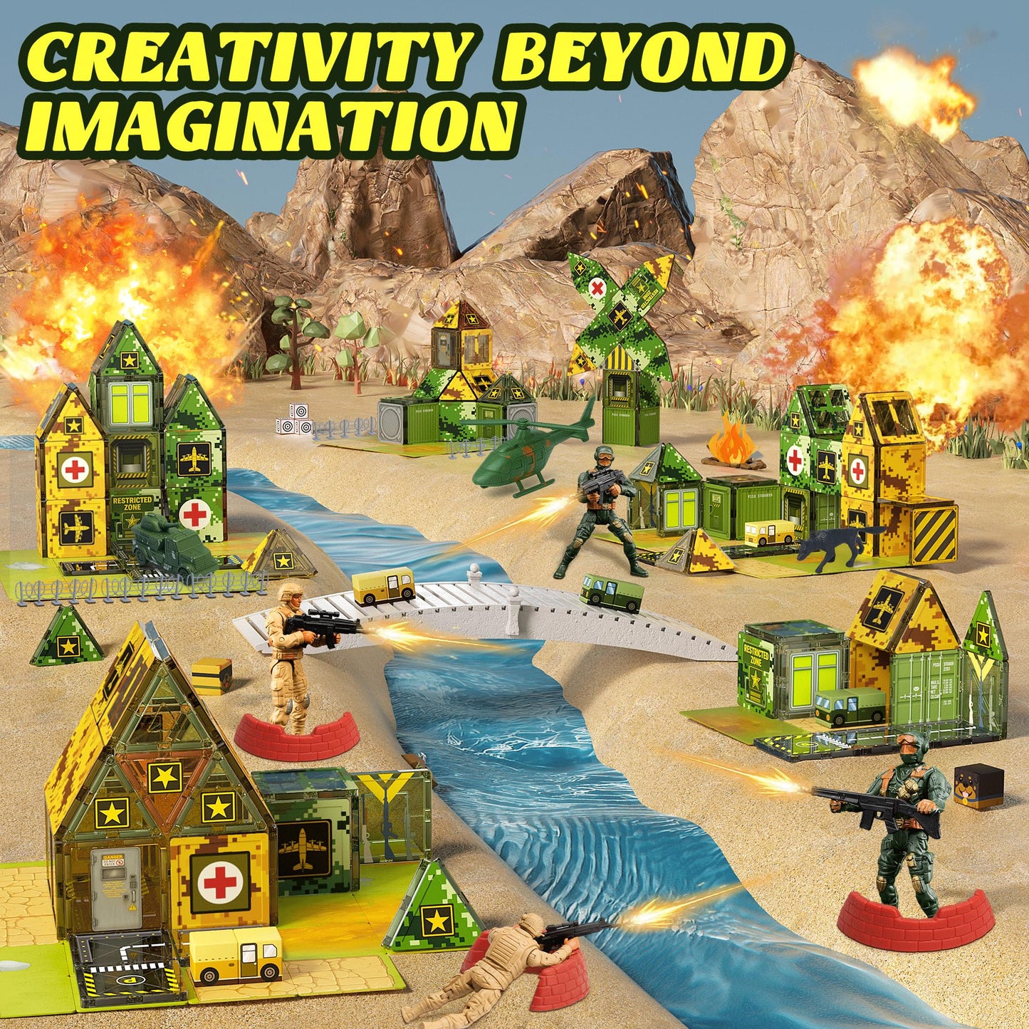 TikTiles Magnetic Tiles Road Building Set – Military STEM Toys for Kids 3-8