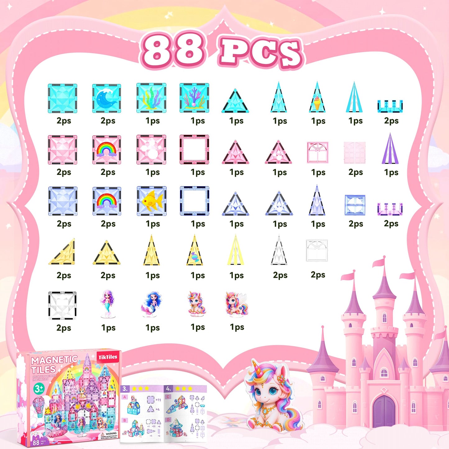 TikTiles Unicorn Magnetic Tiles Set — 88 Pieces with 4 Dolls (Ages 3-8)