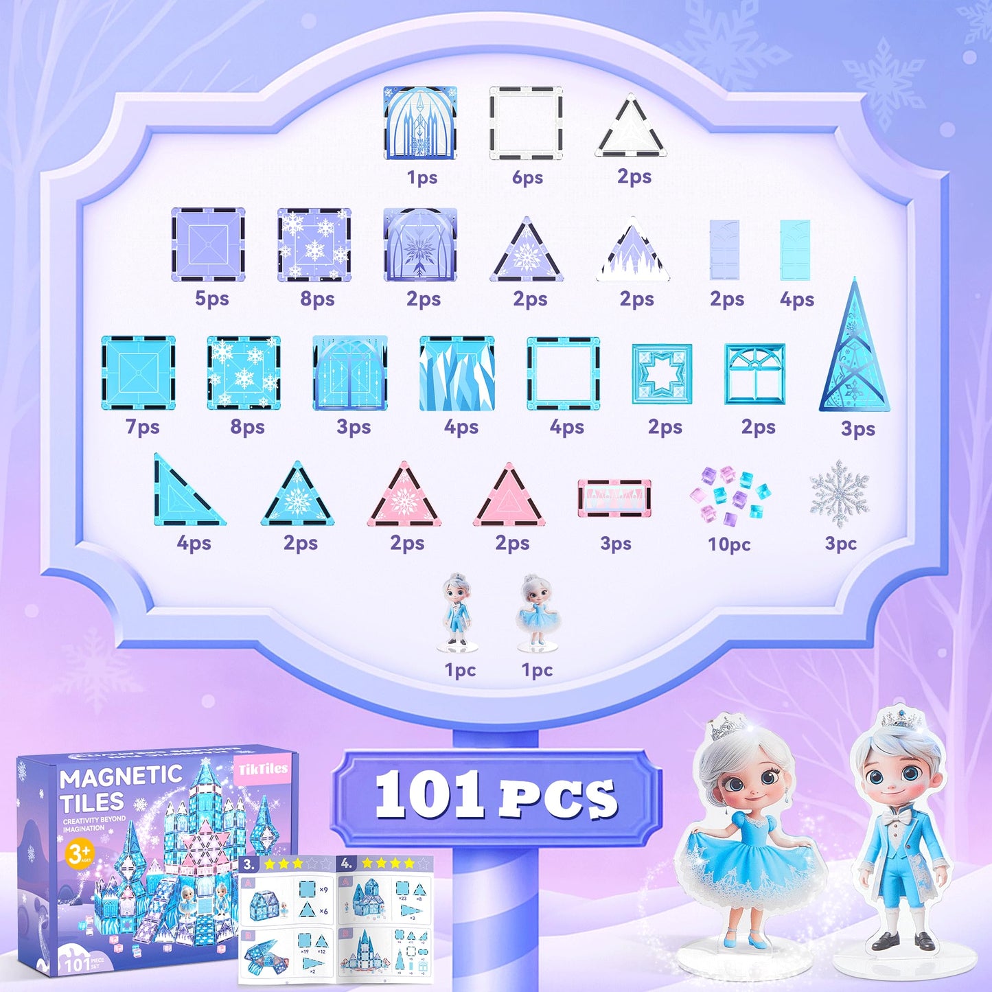 TikTiles Magnetic Tiles Building Toys – Snow Princess Castle Set with 101 Pieces for Kids 3-8 | STEM & Sensory Magnet Toys