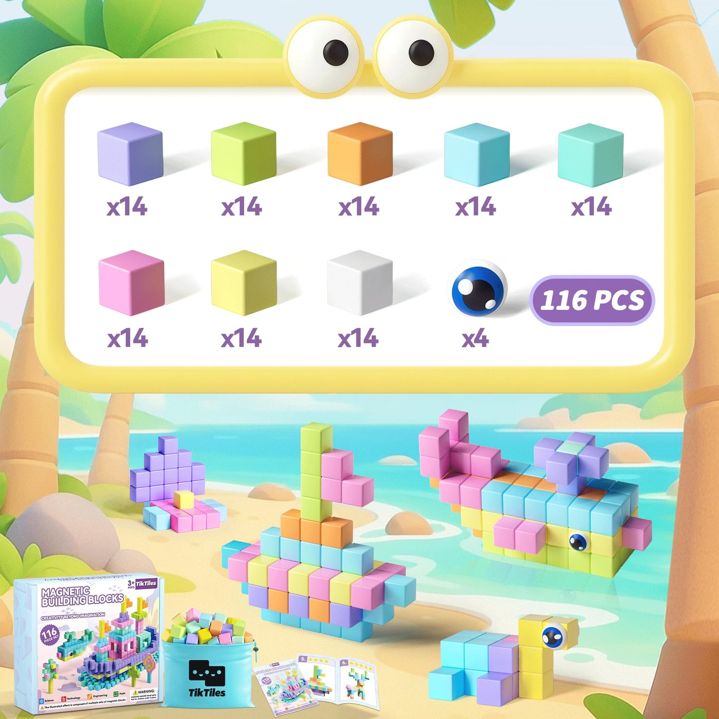 TikTiles 116PCS Magnetic Blocks with Eyes – STEM Building Toy for Kids 3-8 (Macaron Color)