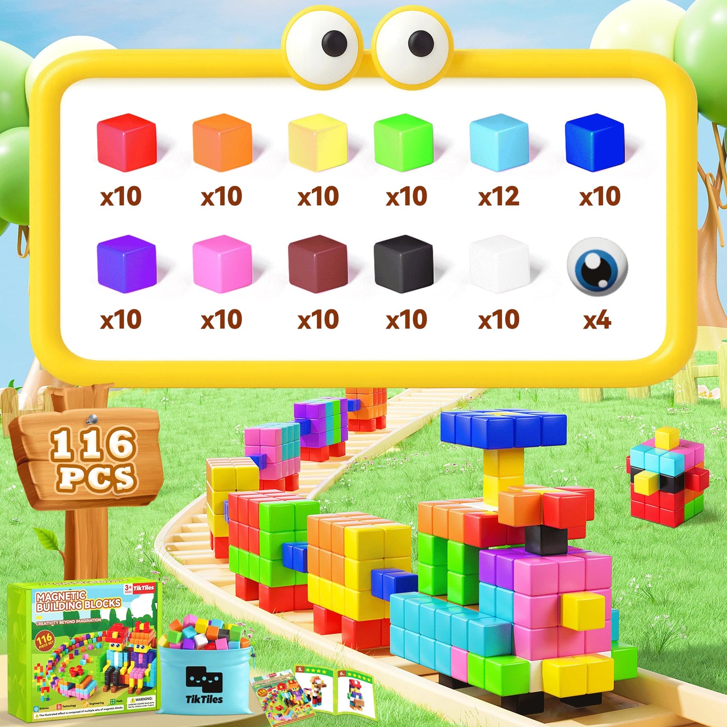 TikTiles 116PCS Magnetic Blocks with Eyes – STEM Building Set for Kids 3-8