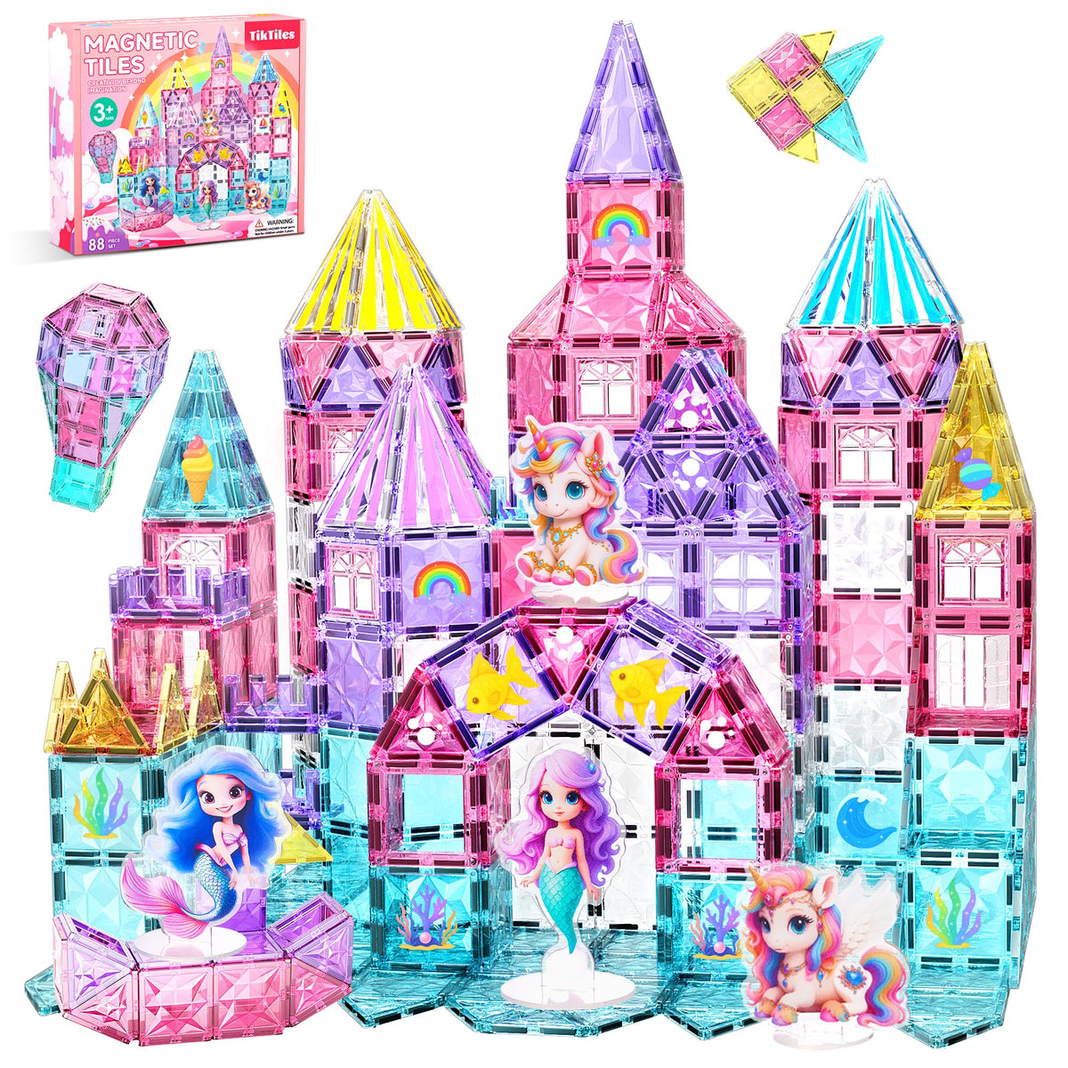 TikTiles Unicorn Magnetic Tiles Set — 88 Pieces with 4 Dolls (Ages 3-8)