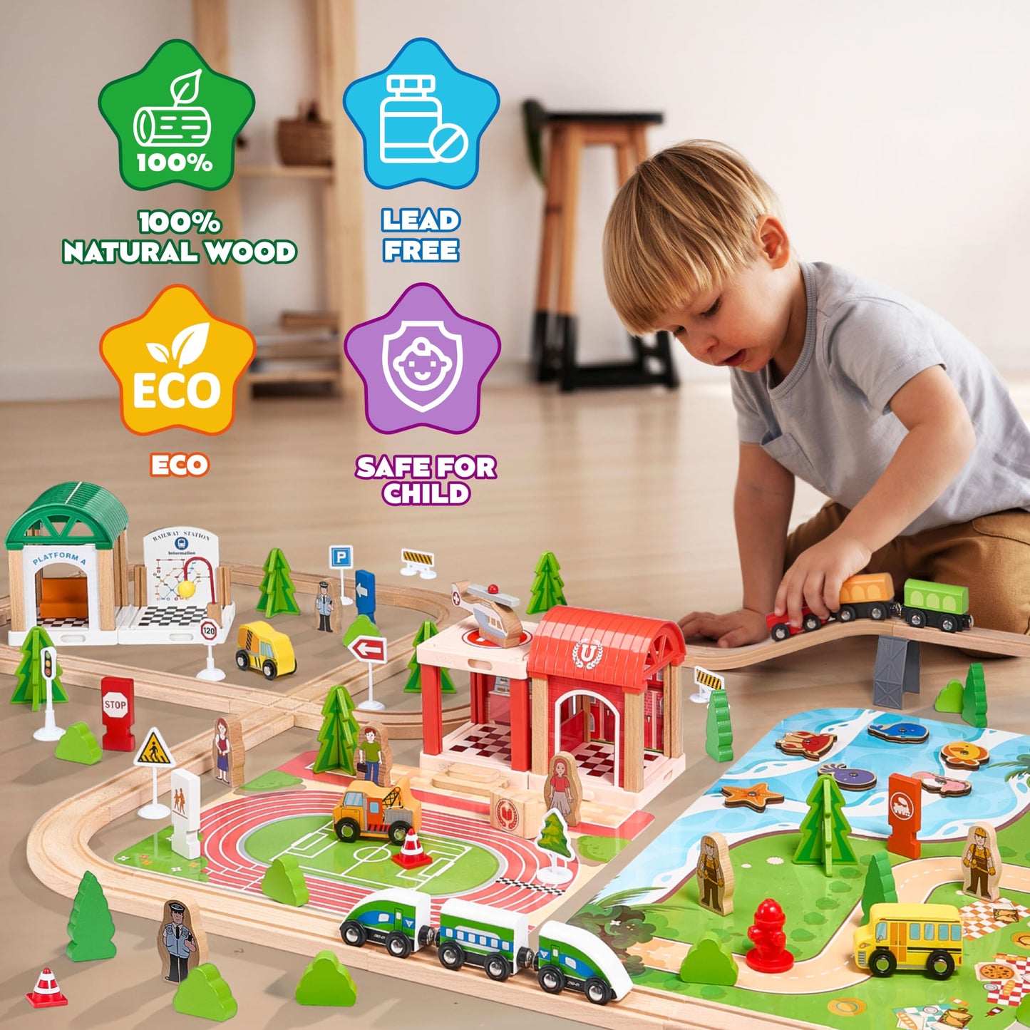 TikTiles Wooden Train Set 175-Piece – Double-Sided Track, Puzzles & Magnetic Fishing, Compatible with Major Brands
