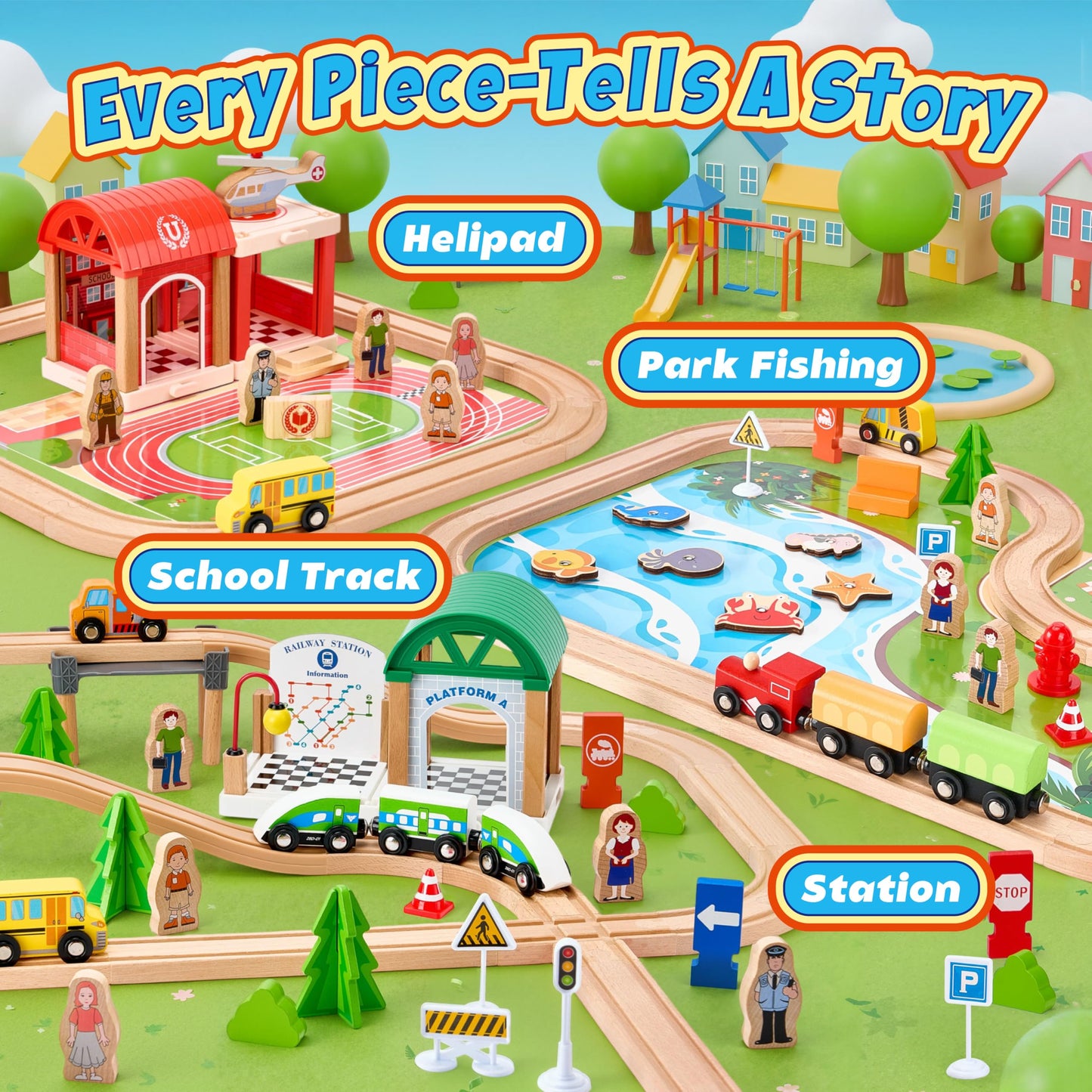 TikTiles Wooden Train Set 175-Piece – Double-Sided Track, Puzzles & Magnetic Fishing, Compatible with Major Brands