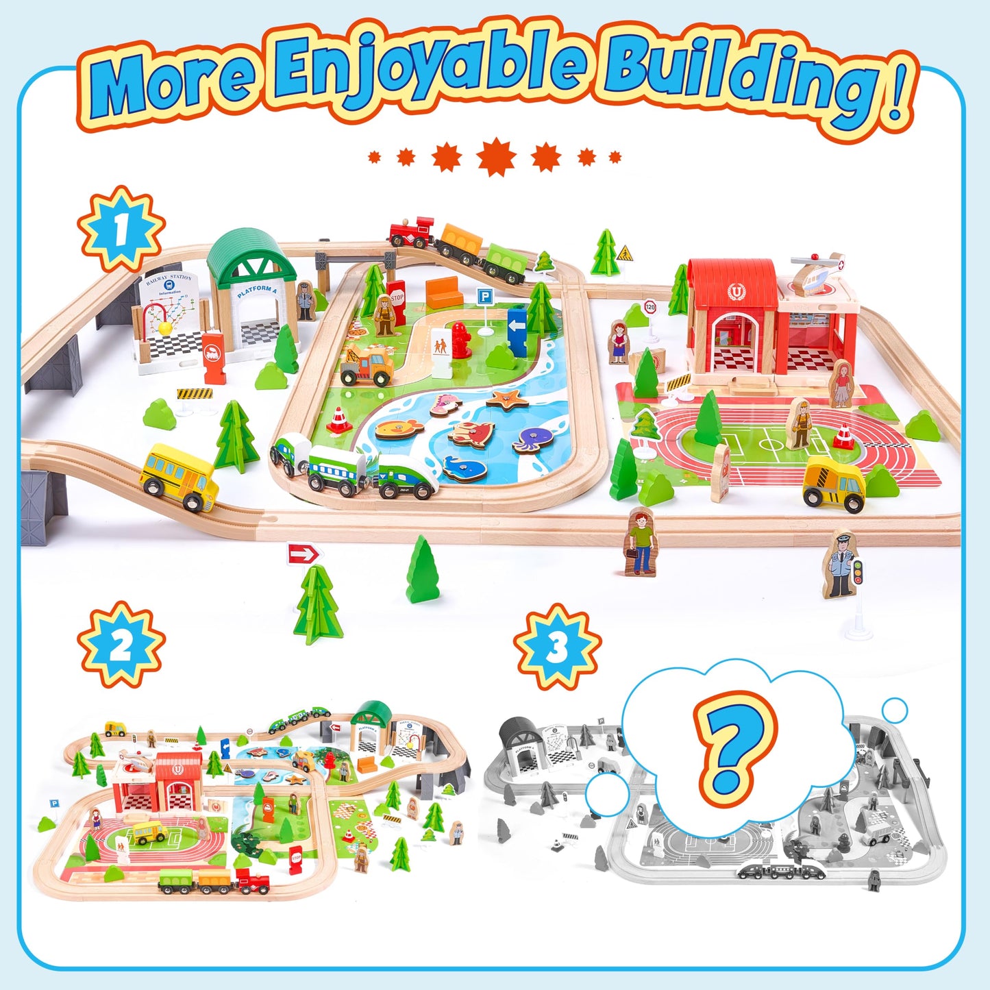 TikTiles Wooden Train Set 175-Piece – Double-Sided Track, Puzzles & Magnetic Fishing, Compatible with Major Brands