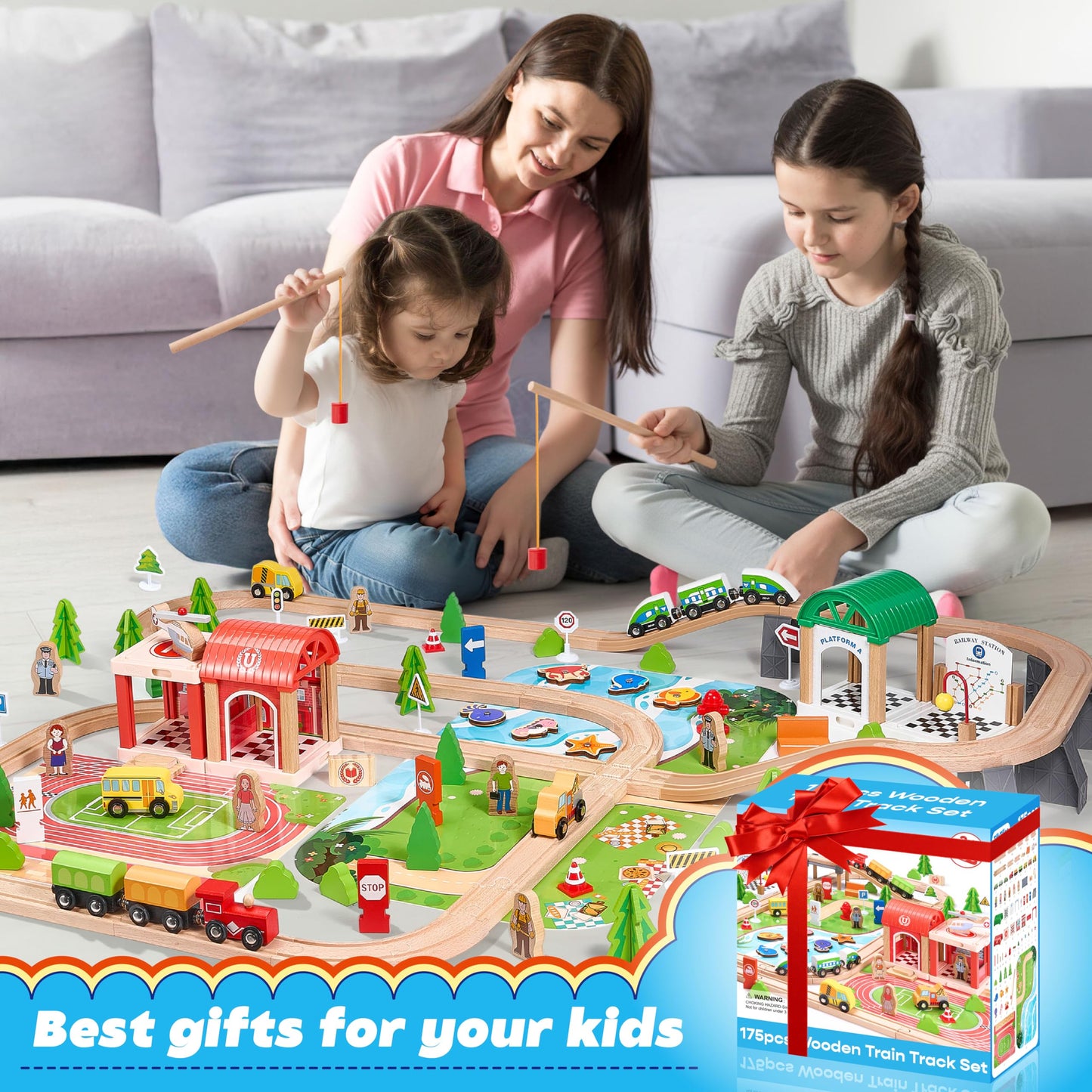TikTiles Wooden Train Set 175-Piece – Double-Sided Track, Puzzles & Magnetic Fishing, Compatible with Major Brands