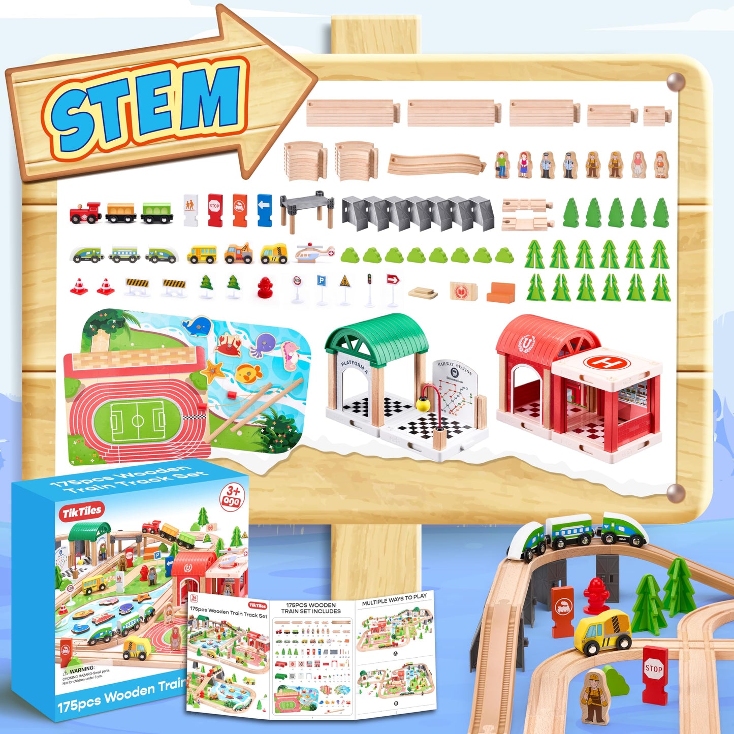 TikTiles Wooden Train Set 175-Piece – Double-Sided Track, Puzzles & Magnetic Fishing, Compatible with Major Brands