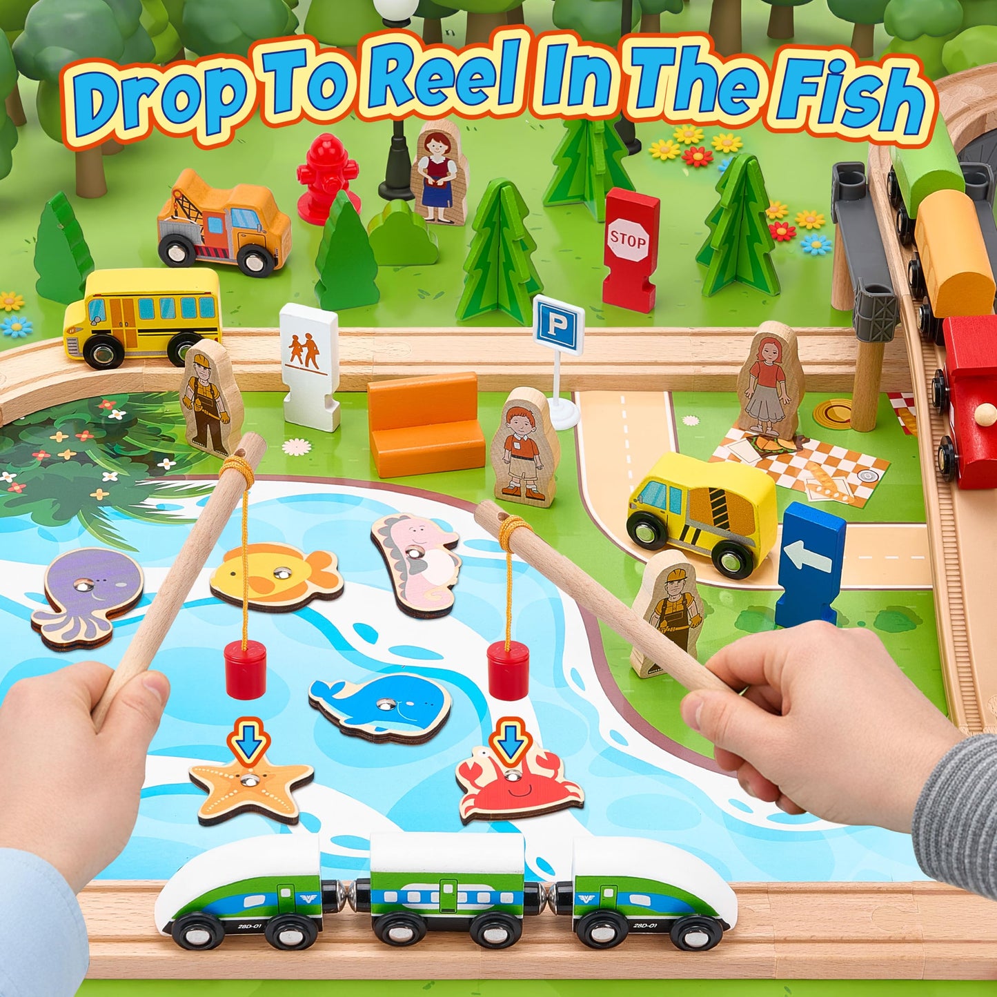 TikTiles Wooden Train Set 175-Piece – Double-Sided Track, Puzzles & Magnetic Fishing, Compatible with Major Brands