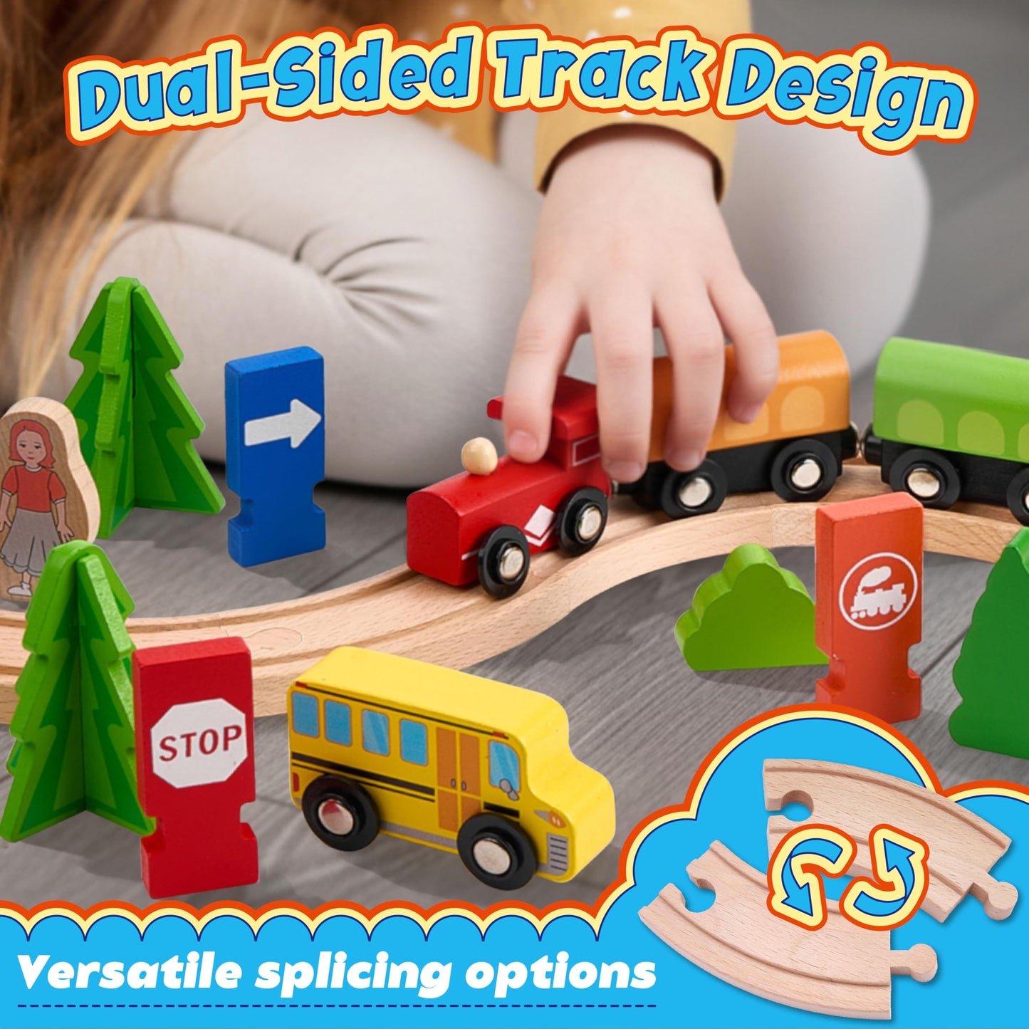 TikTiles Wooden Train Set 175-Piece – Double-Sided Track, Puzzles & Magnetic Fishing, Compatible with Major Brands