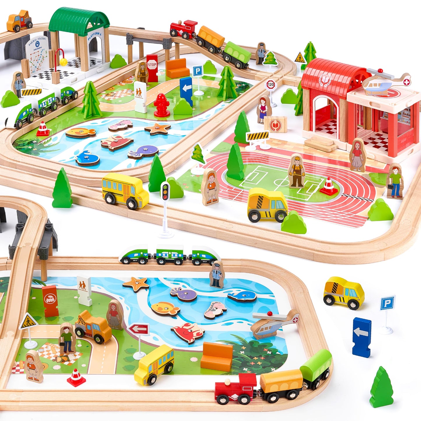 TikTiles Wooden Train Set 175-Piece – Double-Sided Track, Puzzles & Magnetic Fishing, Compatible with Major Brands