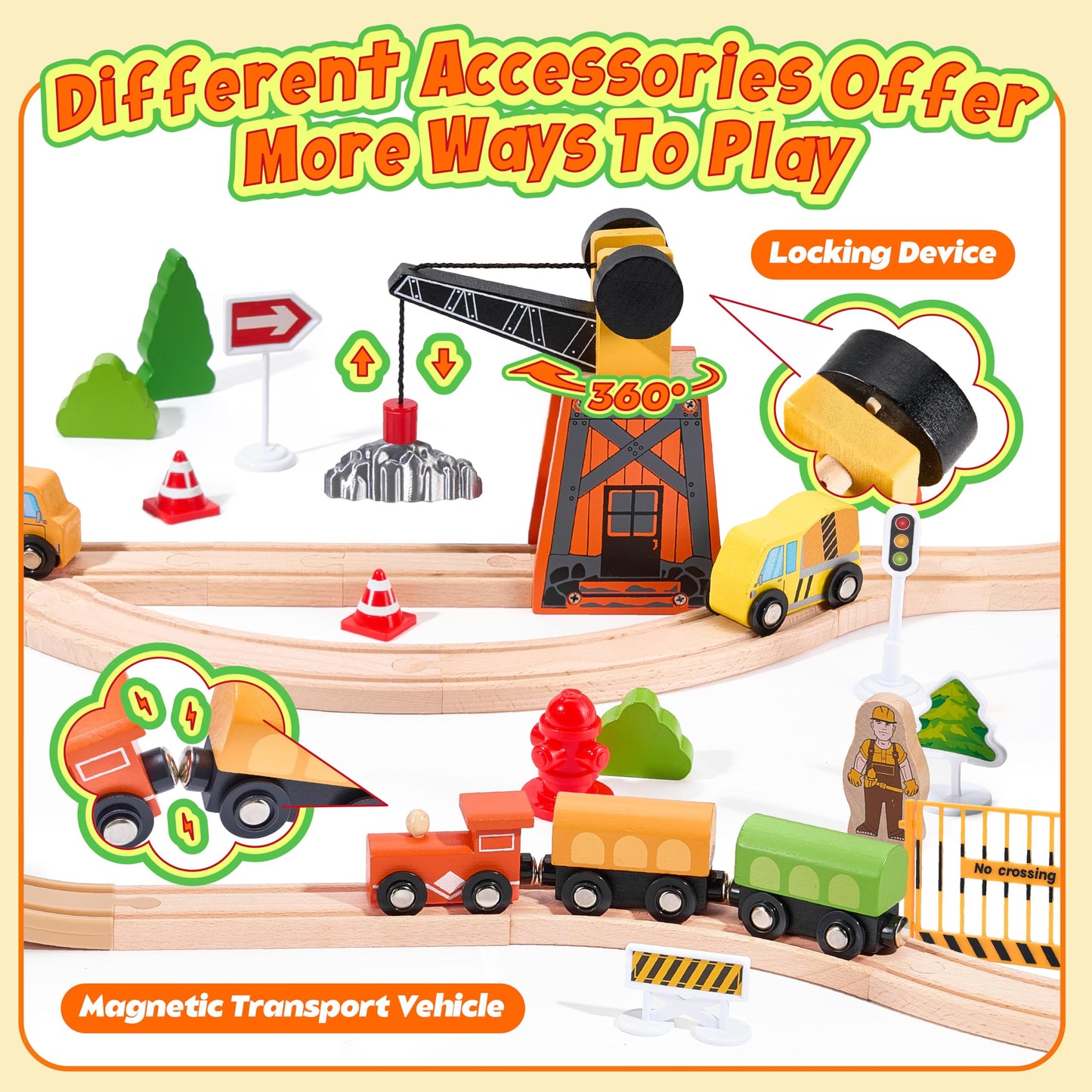 TikTiles Wooden Train Set 102-Piece – Double-Sided Tracks & Magnetic Crane