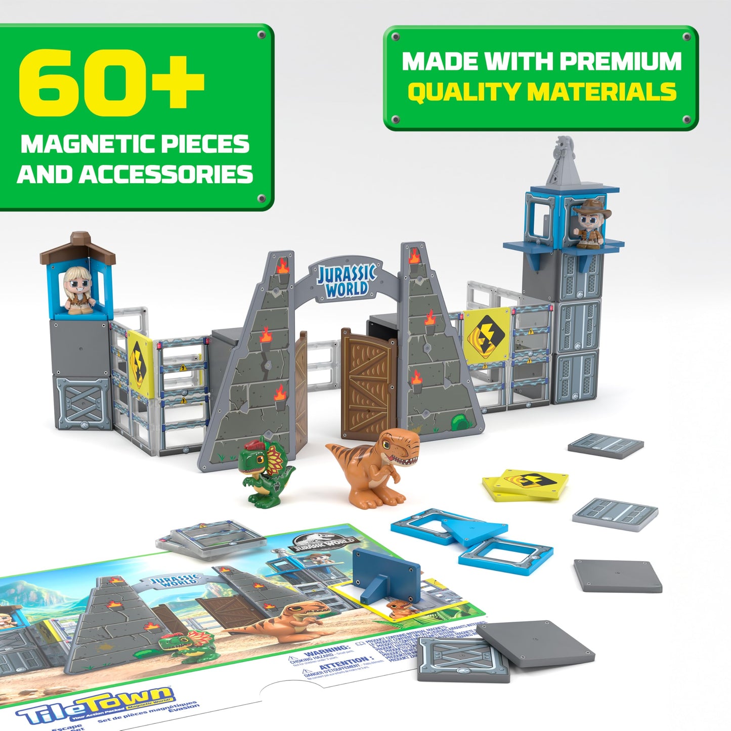 Tile Town Jurassic World Gate Escape Magnetic Tile Set – 84-Piece Dino STEM Toys