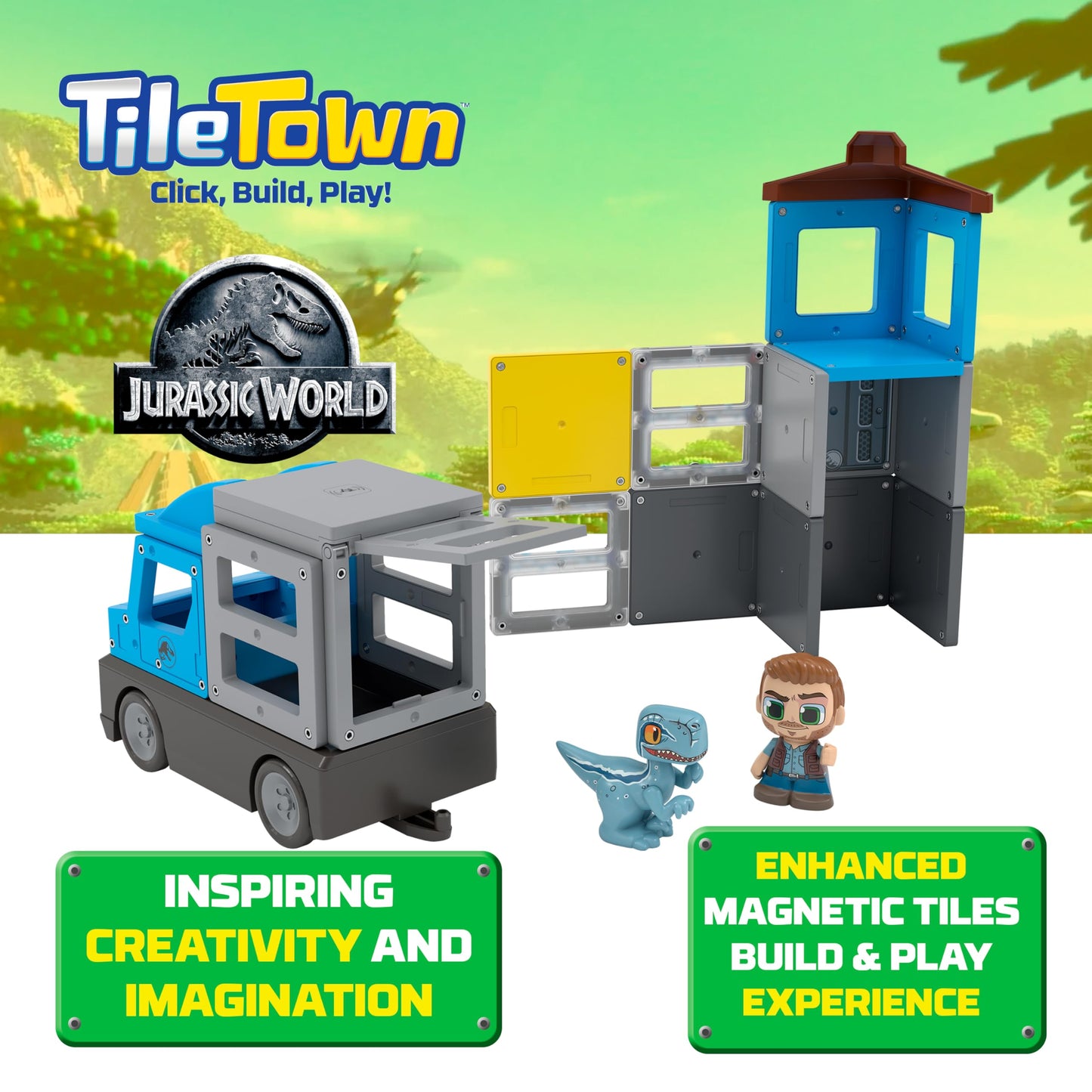 Tile Town Jurassic World Dino Escape Magnetic Tile Set, 22-Piece STEM Dinosaur Toy for Kids Aged 3–6