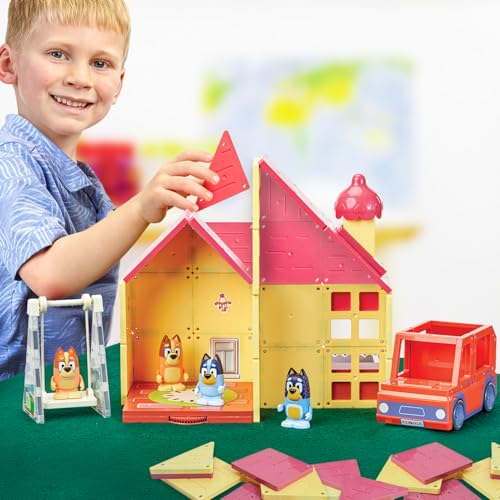 Tile Town Bluey Heeler Family Home Magnetic Tile Playset – 52-Piece STEM Tiles with Bluey & Bingo Figures