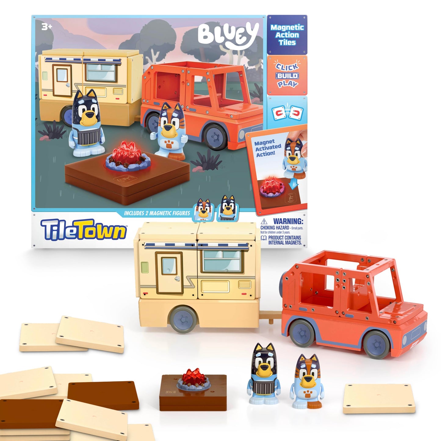 Tile Town Bluey Heeler Camper 13-Piece Magnetic Tile Playset | STEM Toys