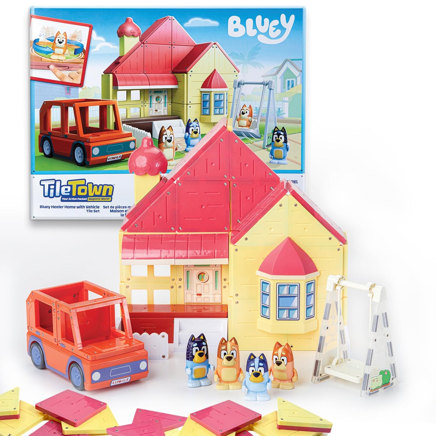 Tile Town Bluey Heeler Family Home Magnetic Tile Playset – 52-Piece STEM Tiles with Bluey & Bingo Figures