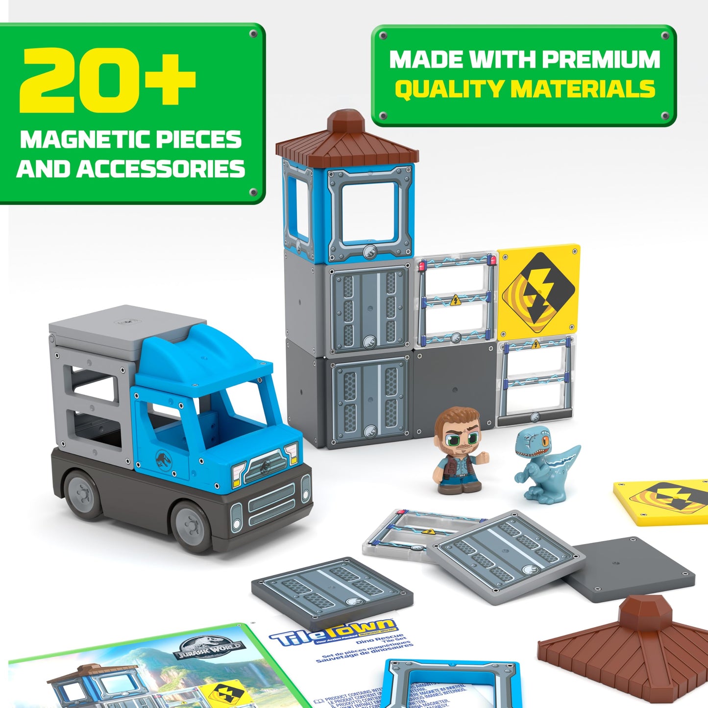 Tile Town Jurassic World Dino Escape Magnetic Tile Set, 22-Piece STEM Dinosaur Toy for Kids Aged 3–6