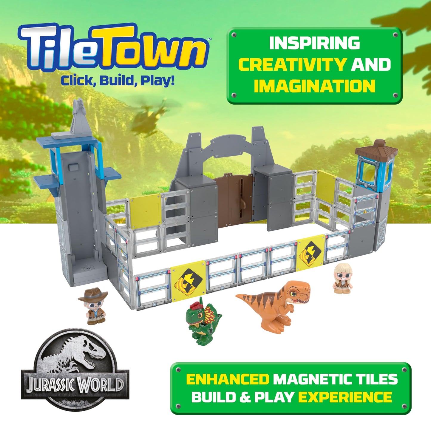 Tile Town Jurassic World Gate Escape Magnetic Tile Set – 84-Piece Dino STEM Toys