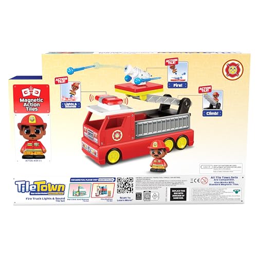 Tile Town Firetruck Magnetic Tile Set with Lights & Sounds – 18-Piece STEM Toy (Ages 3-5+)
