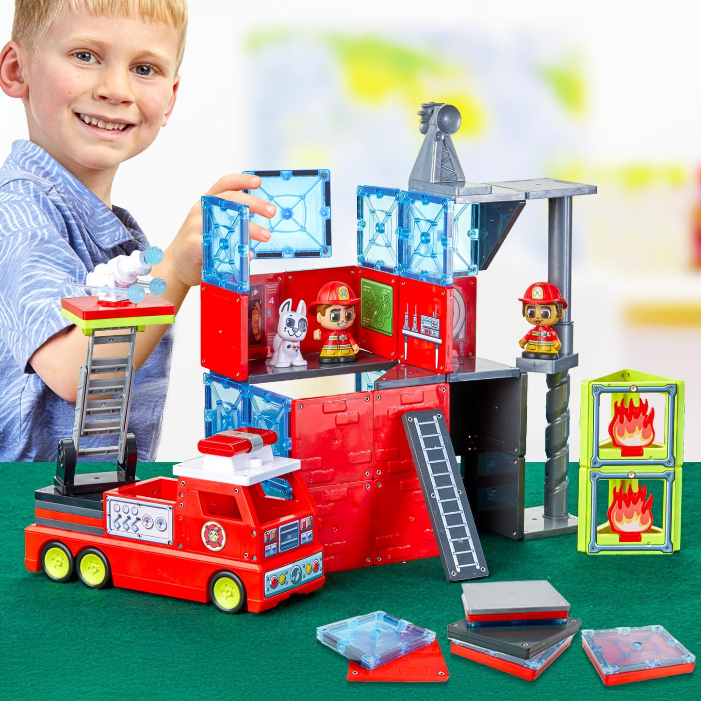 Tile Town Fire Station Magnetic Tiles Set – 66-Piece Kids Toy, Ages 3-6 | Amazon Exclusive
