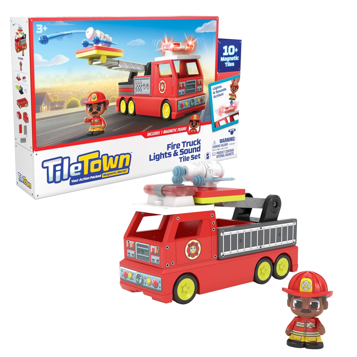 Tile Town Firetruck Magnetic Tile Set with Lights & Sounds – 18-Piece STEM Toy (Ages 3-5+)