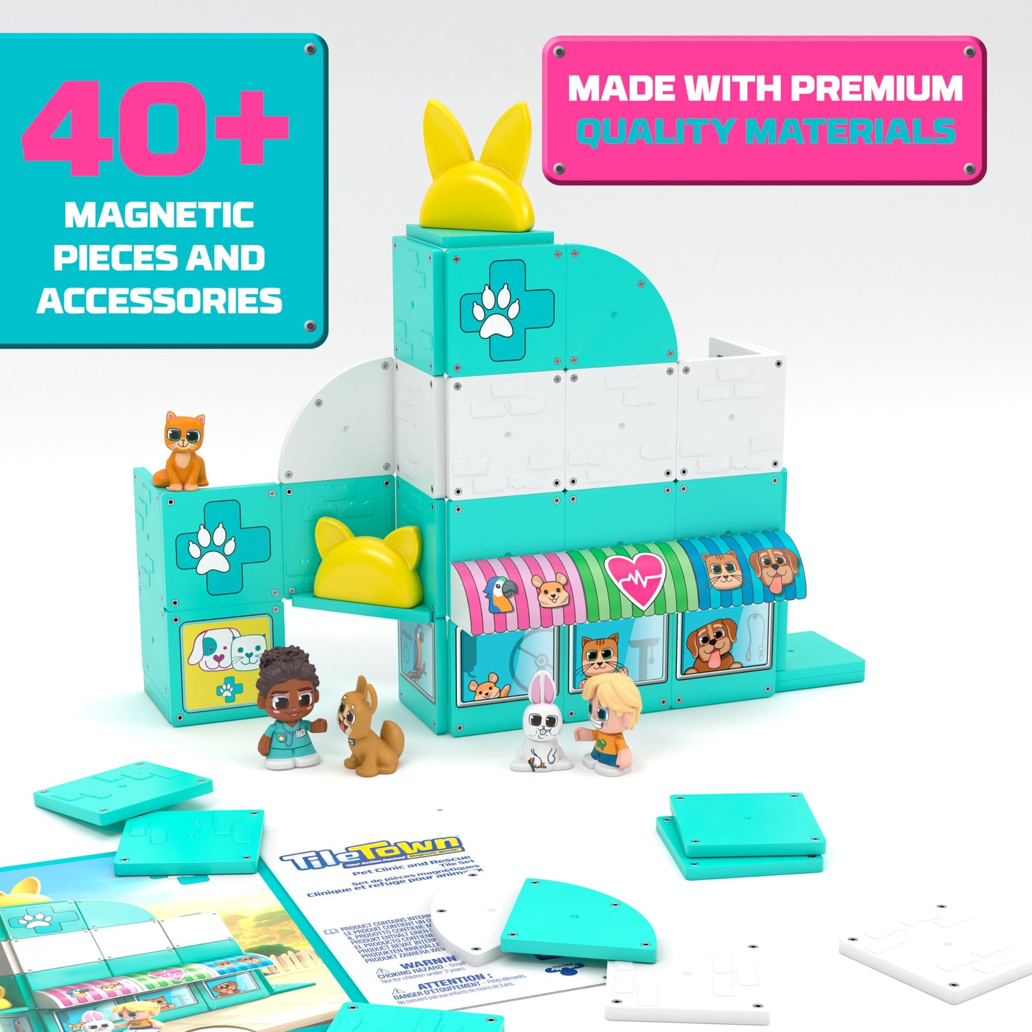 Tile Town Pet Vet Magnetic Tiles Set – 48-Piece with Sound & Lights, Ages 3-6