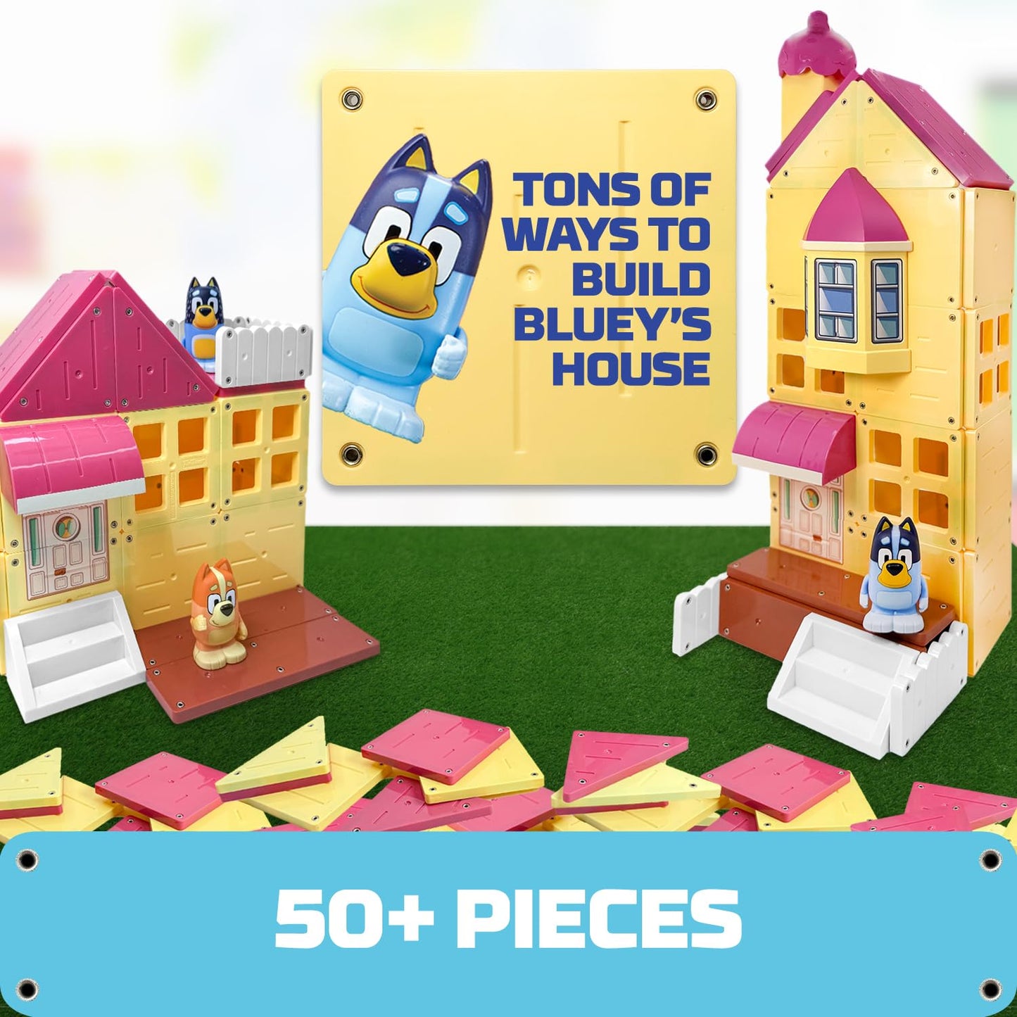 Tile Town Bluey Heeler Family Home Magnetic Tile Playset – 52-Piece STEM Tiles with Bluey & Bingo Figures