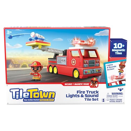 Tile Town Firetruck Magnetic Tile Set with Lights & Sounds – 18-Piece STEM Toy (Ages 3-5+)