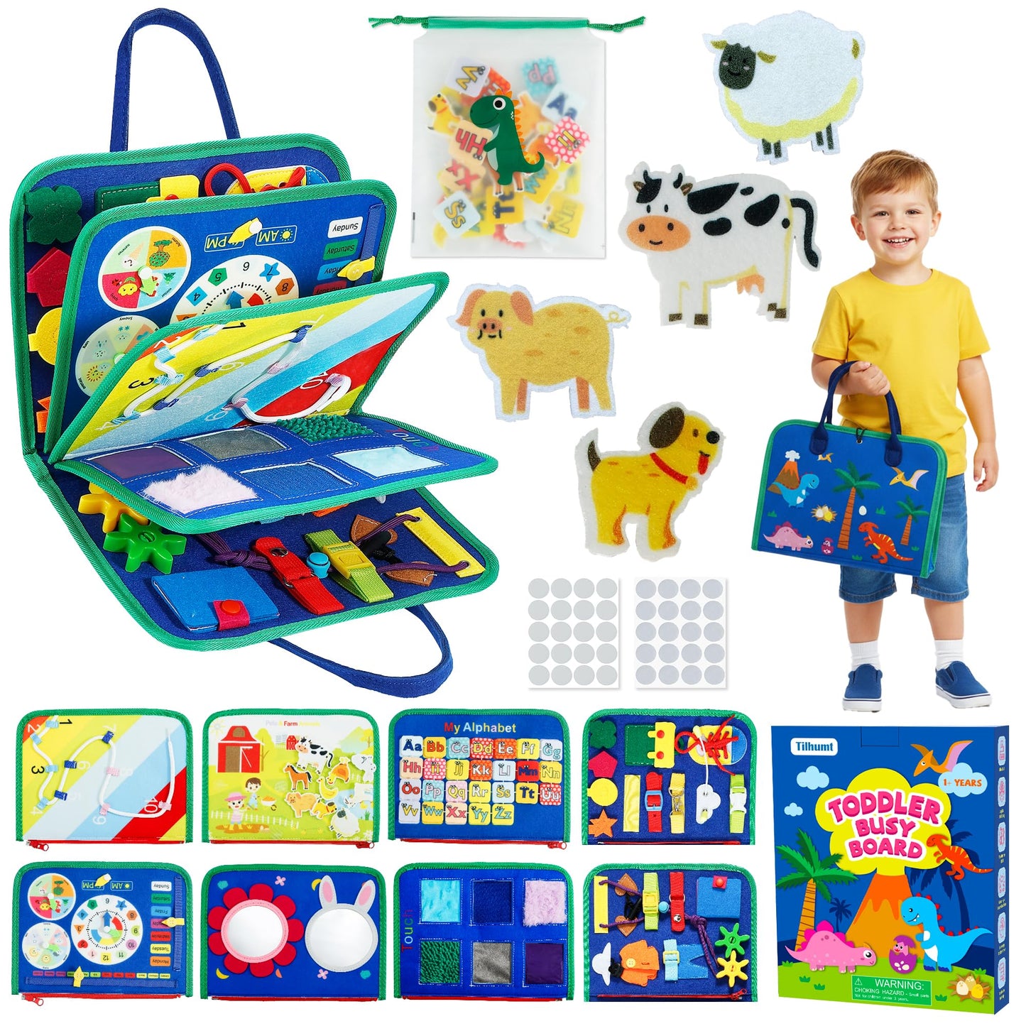 Tilhumt 8-in-1 Busy Book for Toddlers 1-3 | Montessori Felt Board with Travel Storage Bag