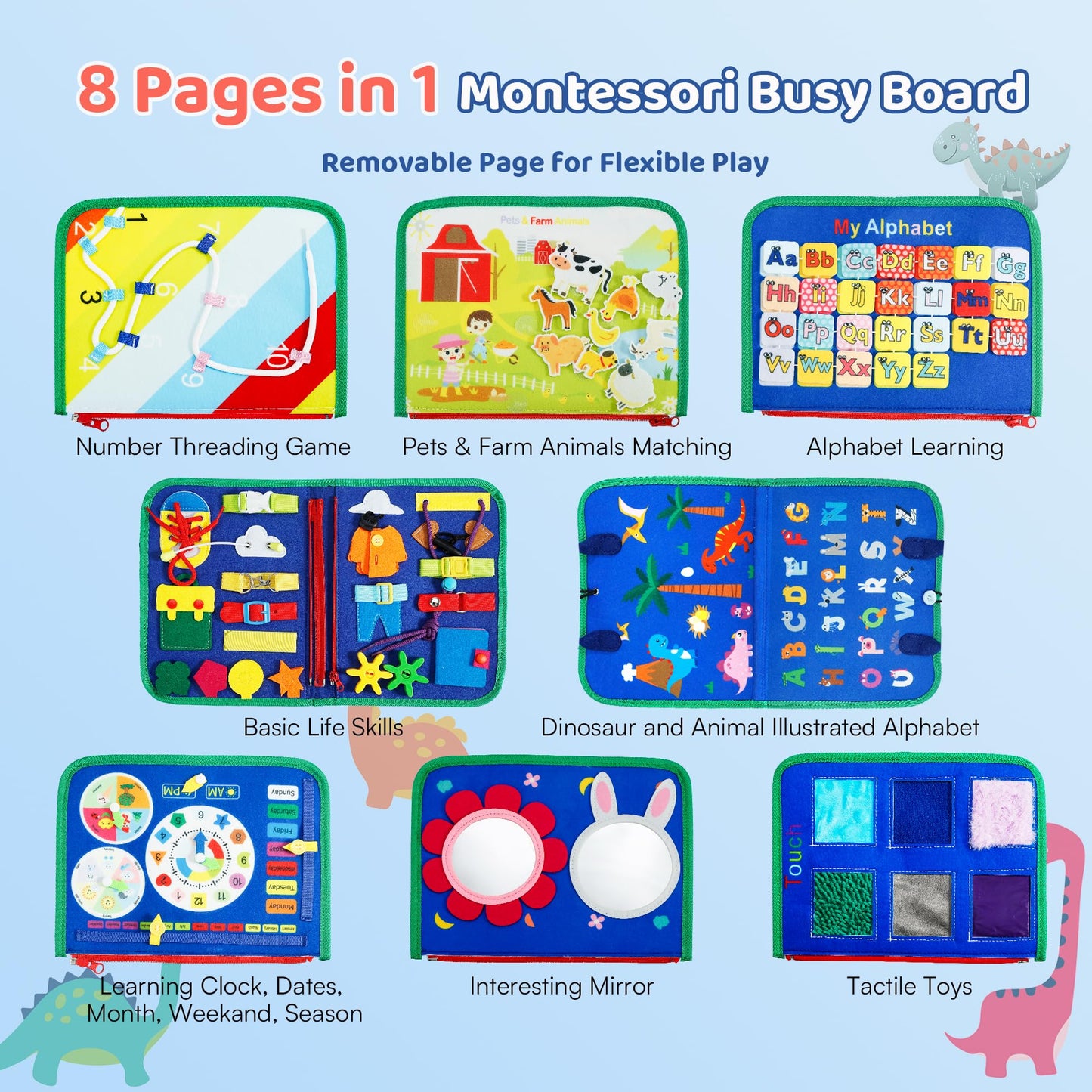 Tilhumt 8-in-1 Busy Book for Toddlers 1-3 | Montessori Felt Board with Travel Storage Bag