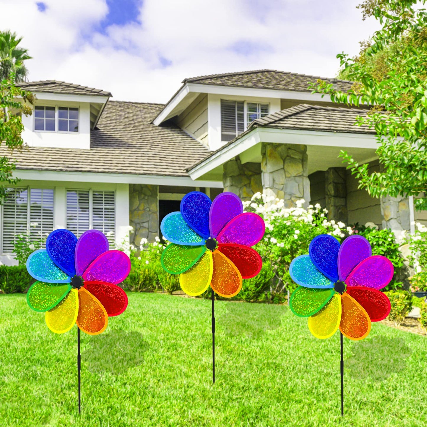 Timecity 4Pcs Flower Wind Spinner – Sparkly Rainbow Garden Pinwheels, 11.8 inch Outdoor Lawn Decor