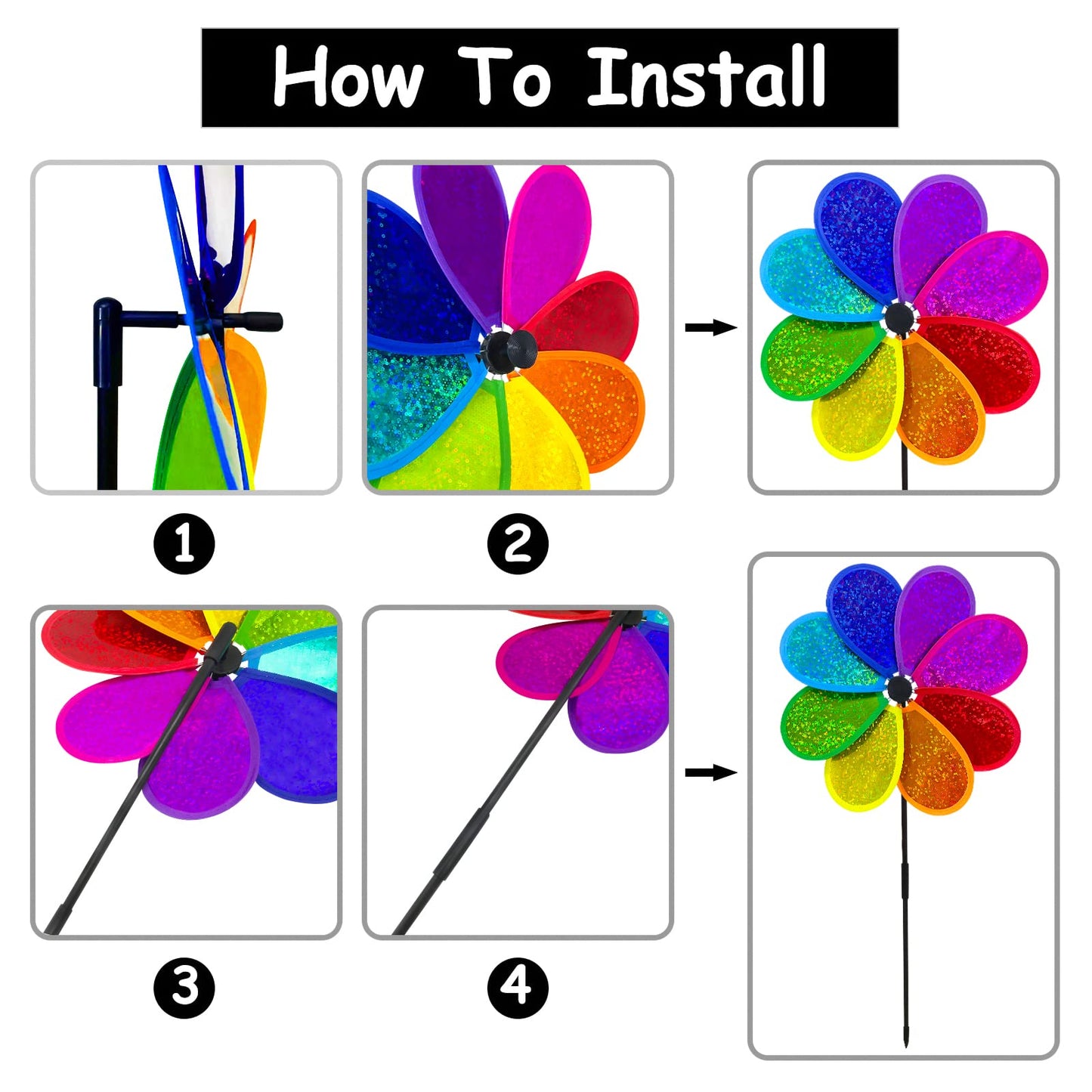 Timecity 4Pcs Flower Wind Spinner – Sparkly Rainbow Garden Pinwheels, 11.8 inch Outdoor Lawn Decor