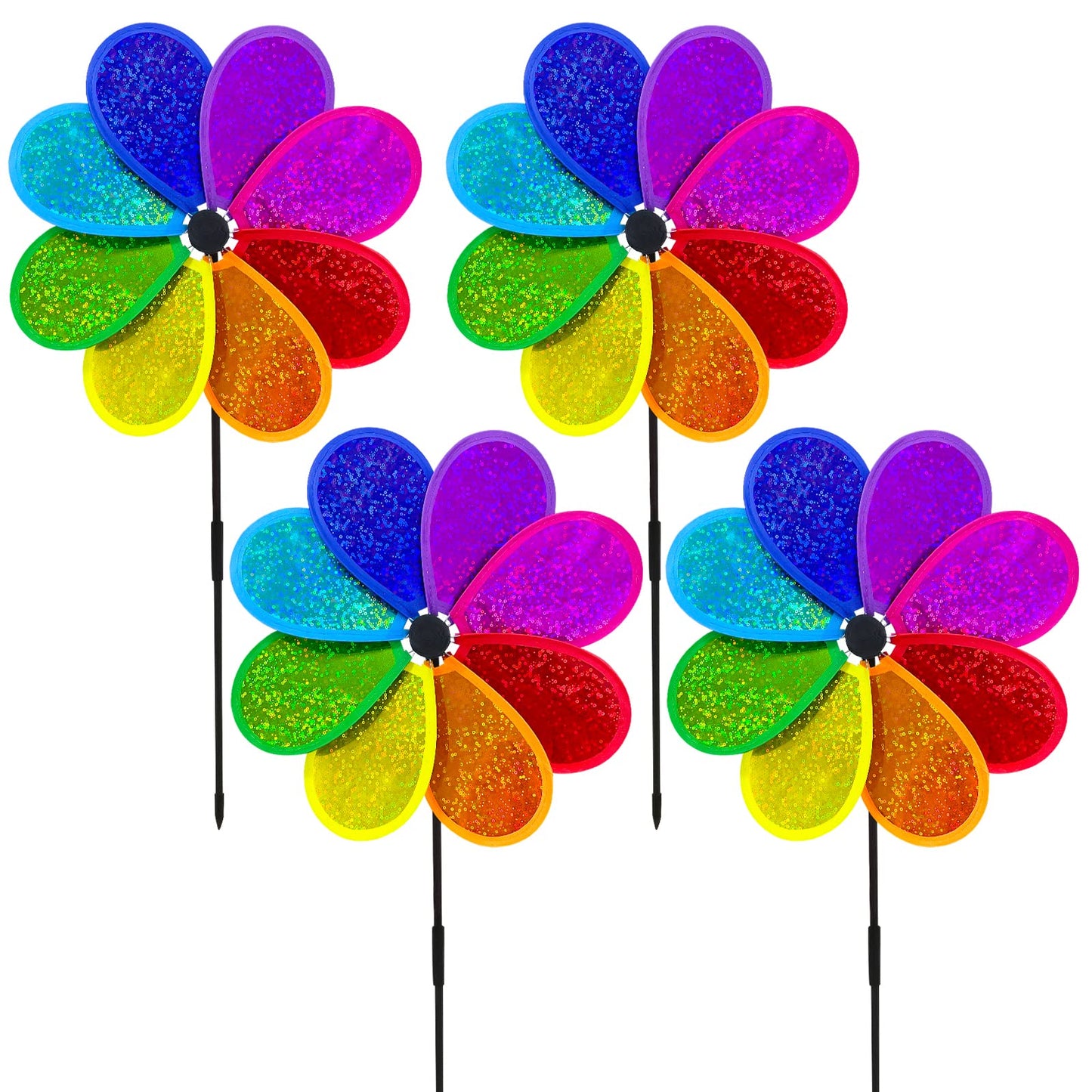 Timecity 4Pcs Flower Wind Spinner – Sparkly Rainbow Garden Pinwheels, 11.8 inch Outdoor Lawn Decor