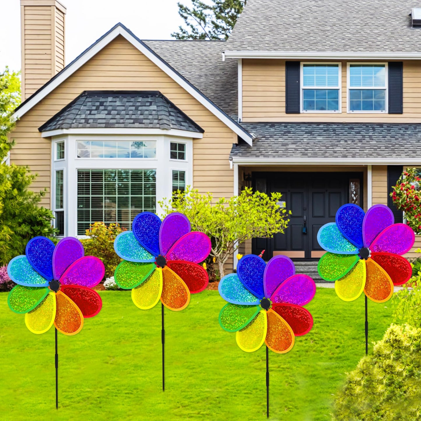 Timecity 4Pcs Flower Wind Spinner – Sparkly Rainbow Garden Pinwheels, 11.8 inch Outdoor Lawn Decor