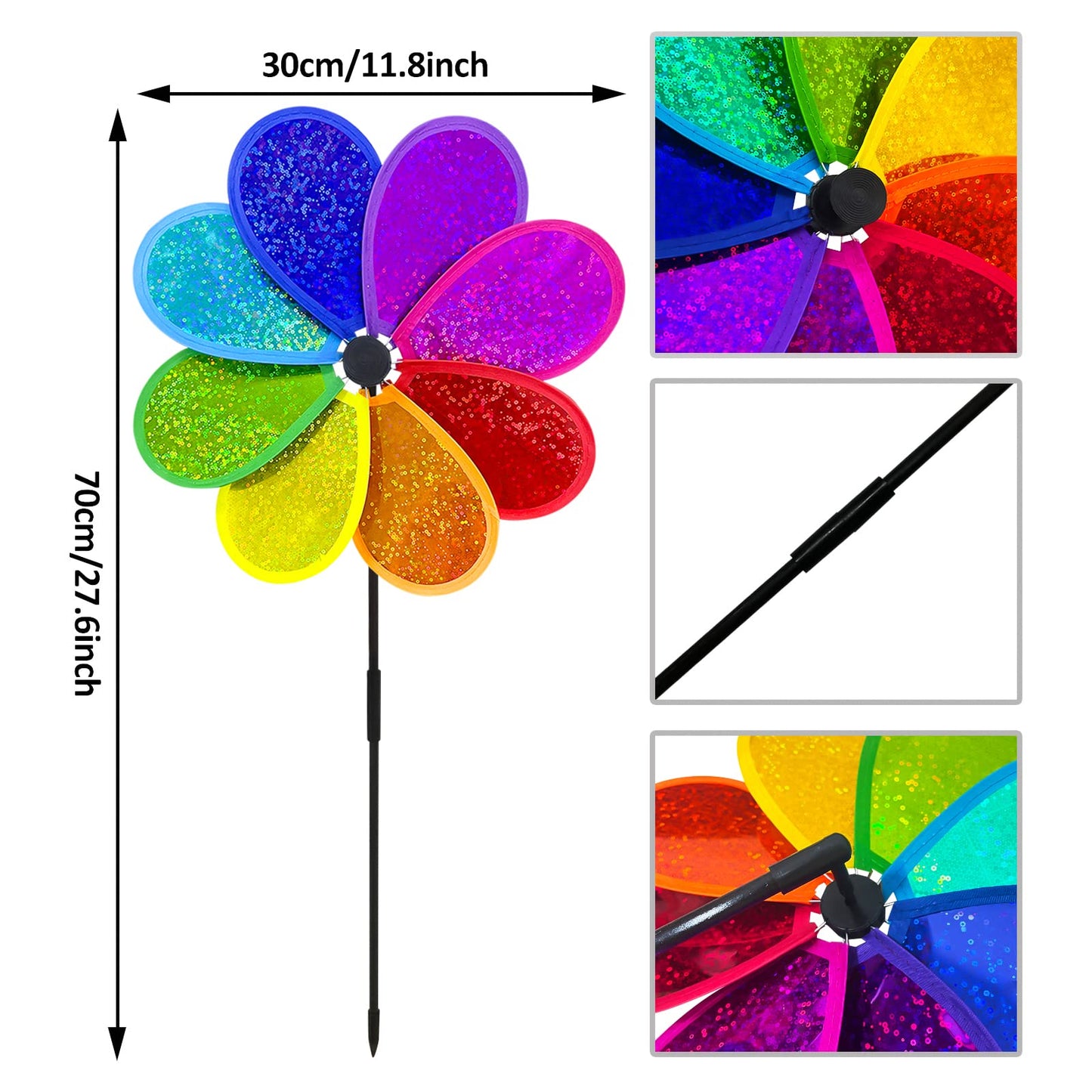 Timecity 4Pcs Flower Wind Spinner – Sparkly Rainbow Garden Pinwheels, 11.8 inch Outdoor Lawn Decor