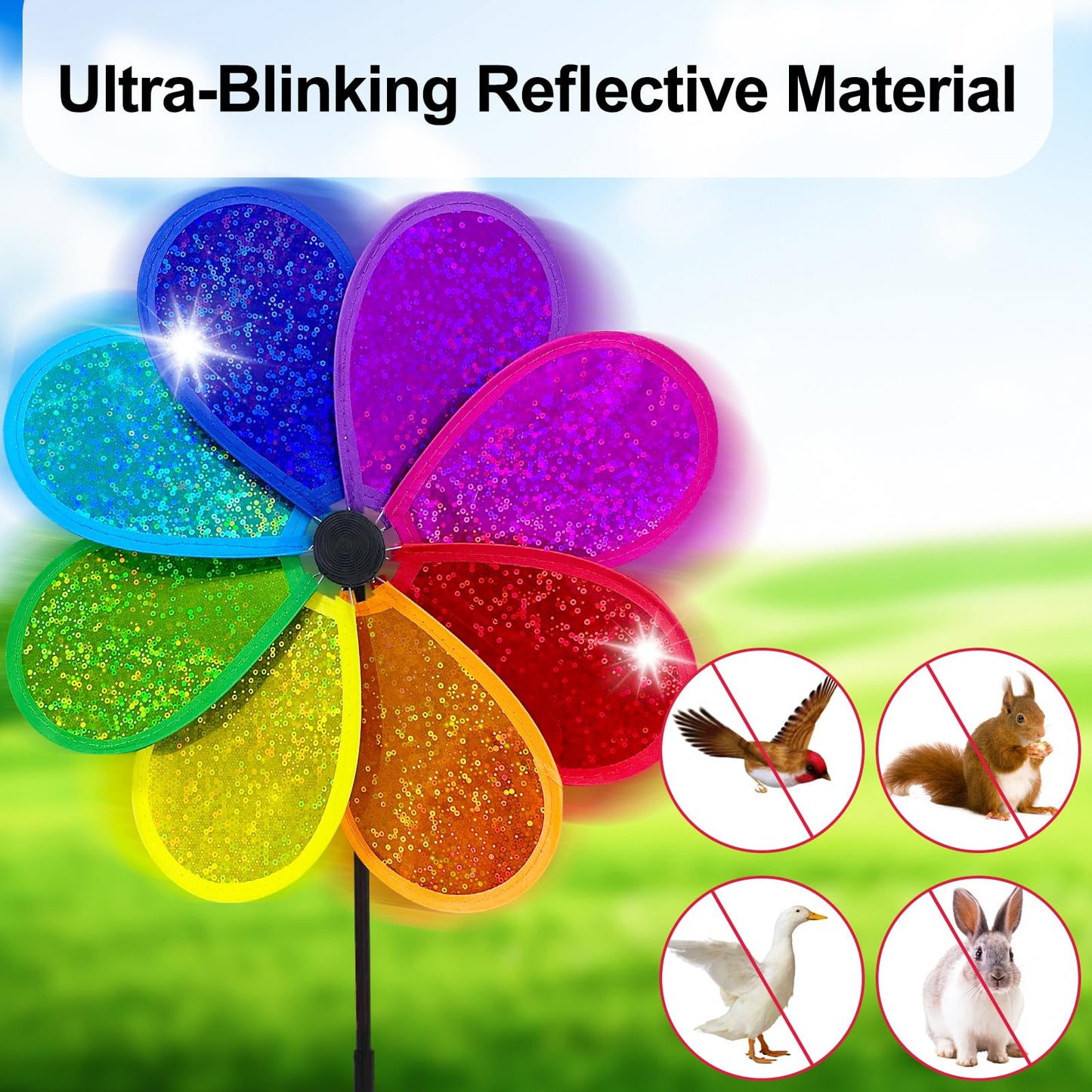 Timecity 4Pcs Flower Wind Spinner – Sparkly Rainbow Garden Pinwheels, 11.8 inch Outdoor Lawn Decor