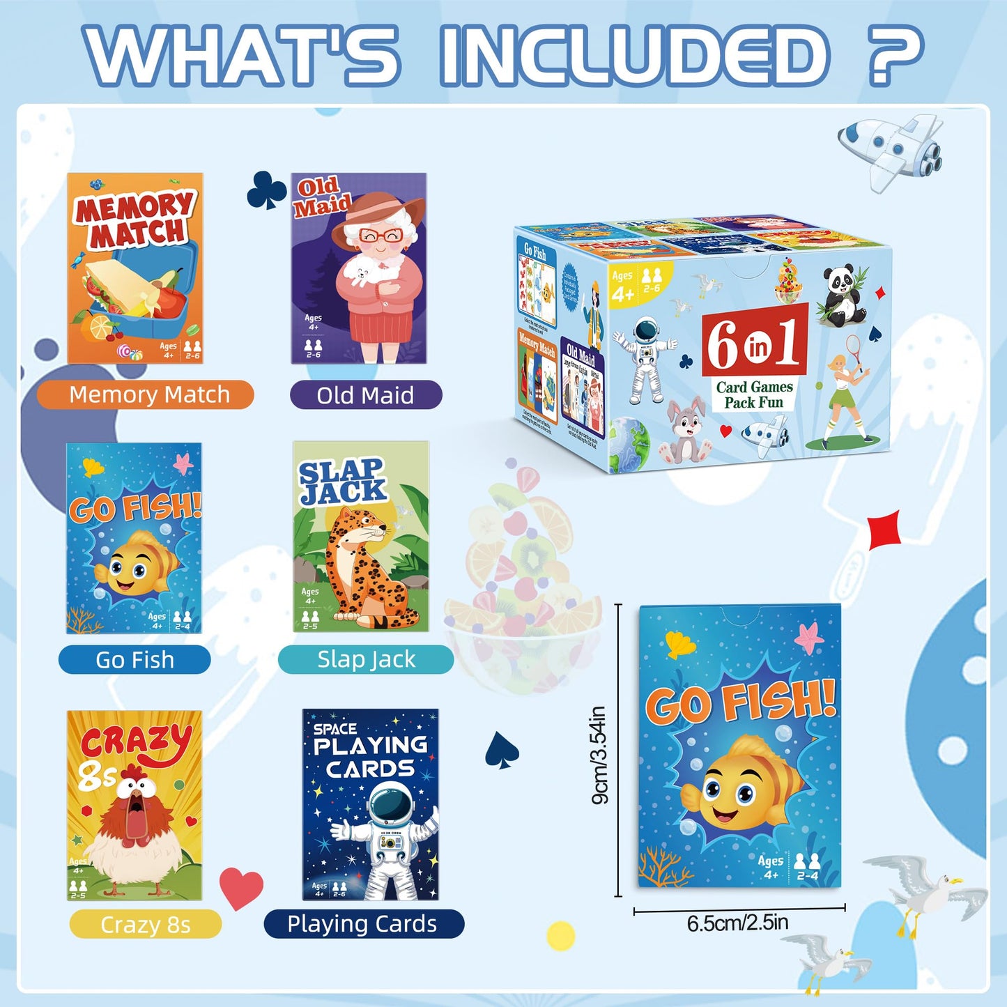 Timenued Card Game Set – 6 Decks for Go Fish, Old Maid, Memory Match, Slap Jack, Crazy 8s & Space Cards