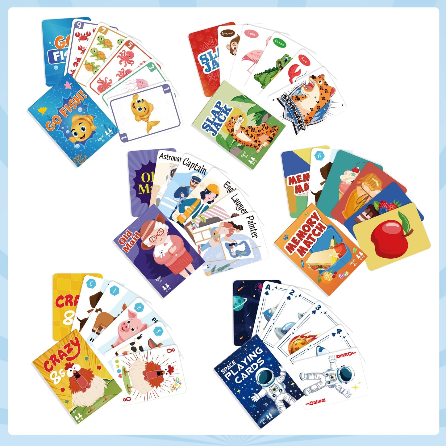 Timenued Card Game Set – 6 Decks for Go Fish, Old Maid, Memory Match, Slap Jack, Crazy 8s & Space Cards